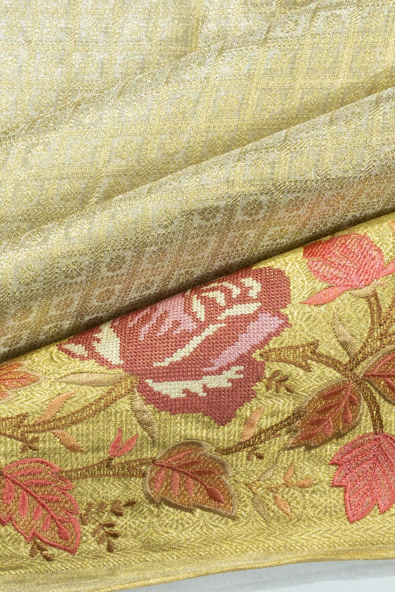 Kanchipuram Silk Tissue Checks And Butta Gold Saree With Embroidery Border