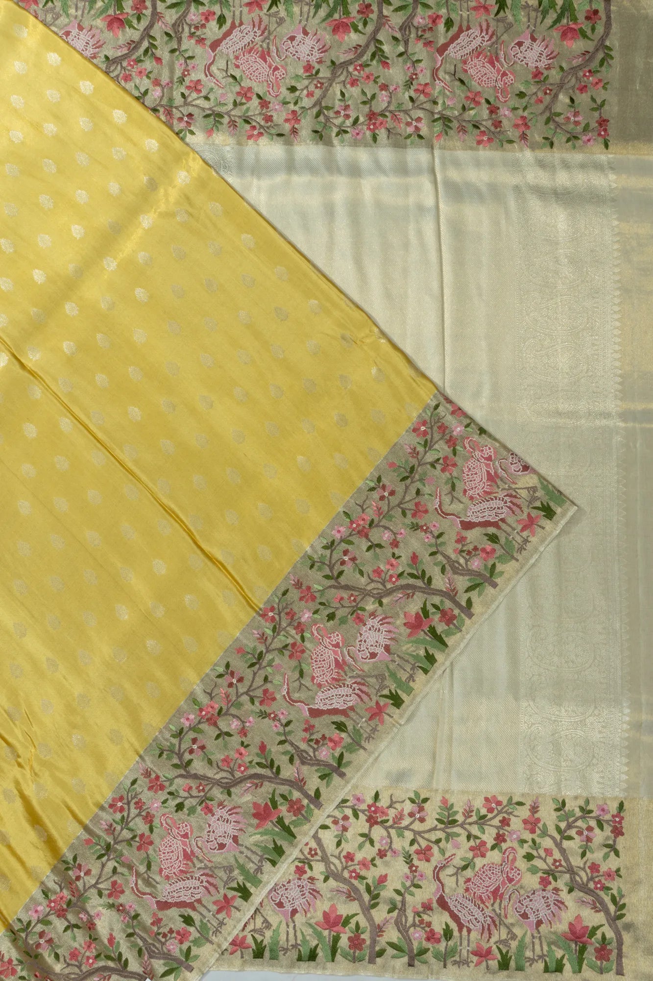 Kanchipuram Silk Tissue Butta Yellow Saree With Embroidery Border