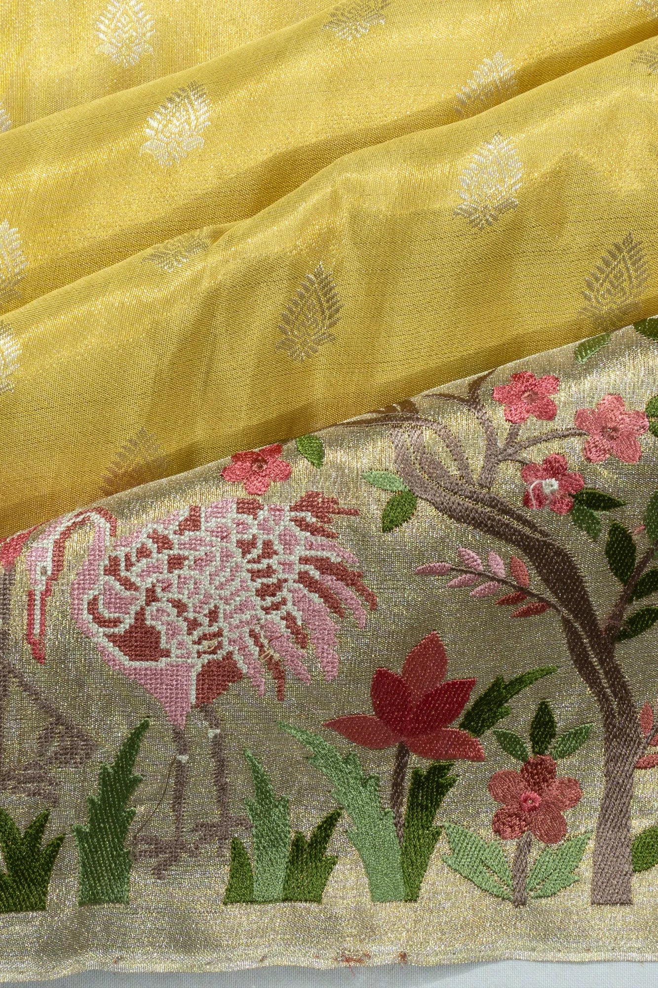Kanchipuram Silk Tissue Butta Yellow Saree With Embroidery Border