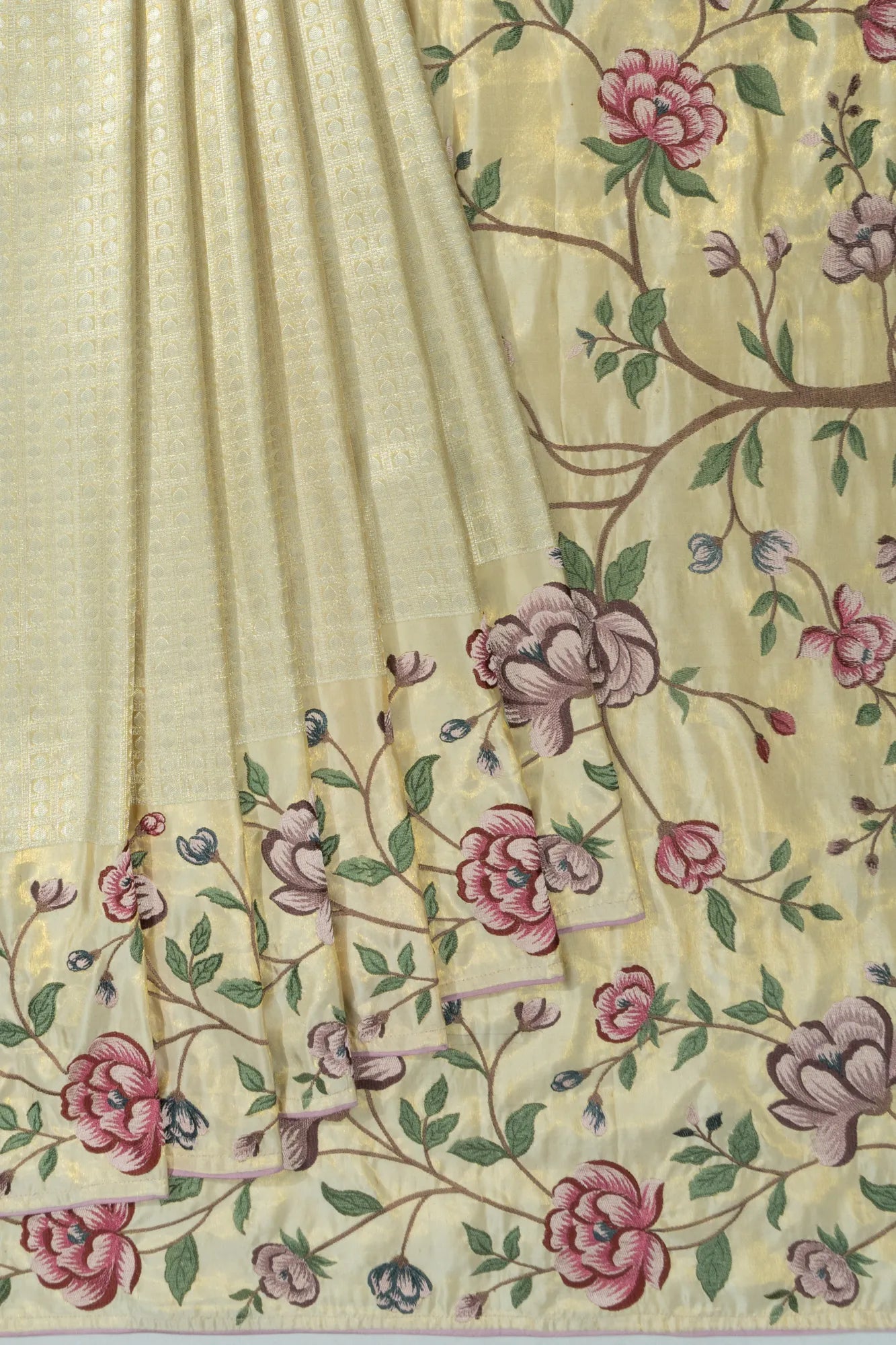Kanchipuram Silk Tissue Checks And Butta Gold Saree With Embroidery Border