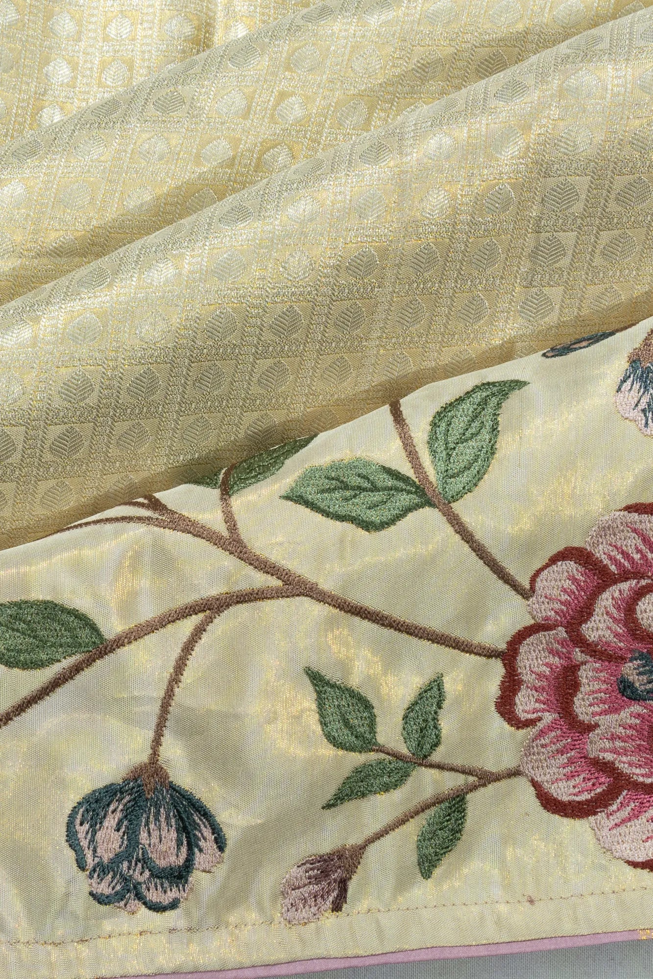Kanchipuram Silk Tissue Checks And Butta Gold Saree With Embroidery Border