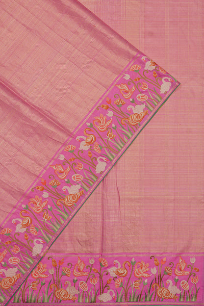 Kanchipuram Silk Oosi Lines Pink Saree With Embroidery Border