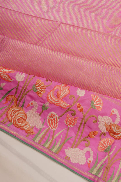 Kanchipuram Silk Oosi Lines Pink Saree With Embroidery Border