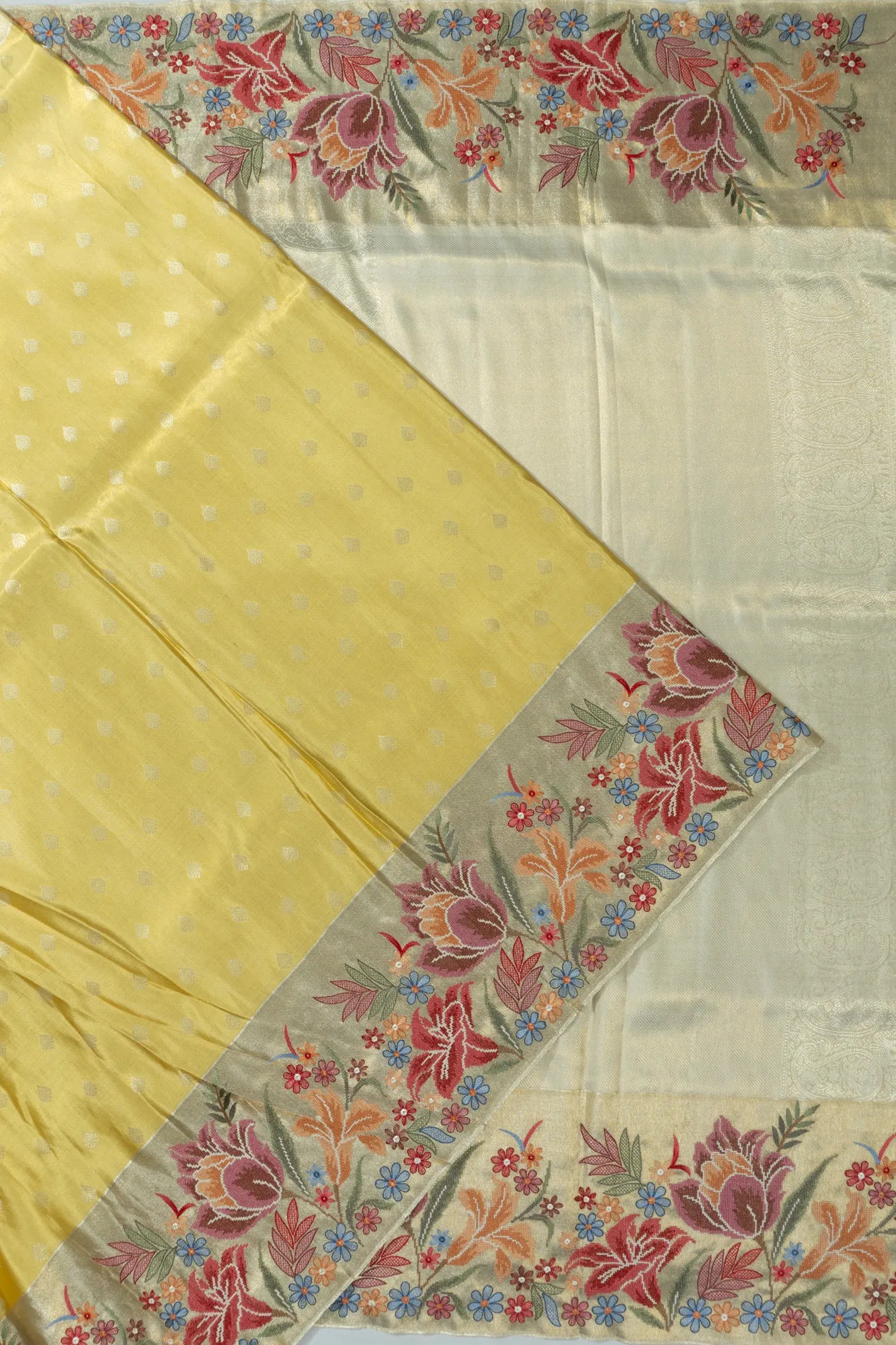 Kanchipuram Silk Tissue Butta Yellow Saree With Embroidery Border