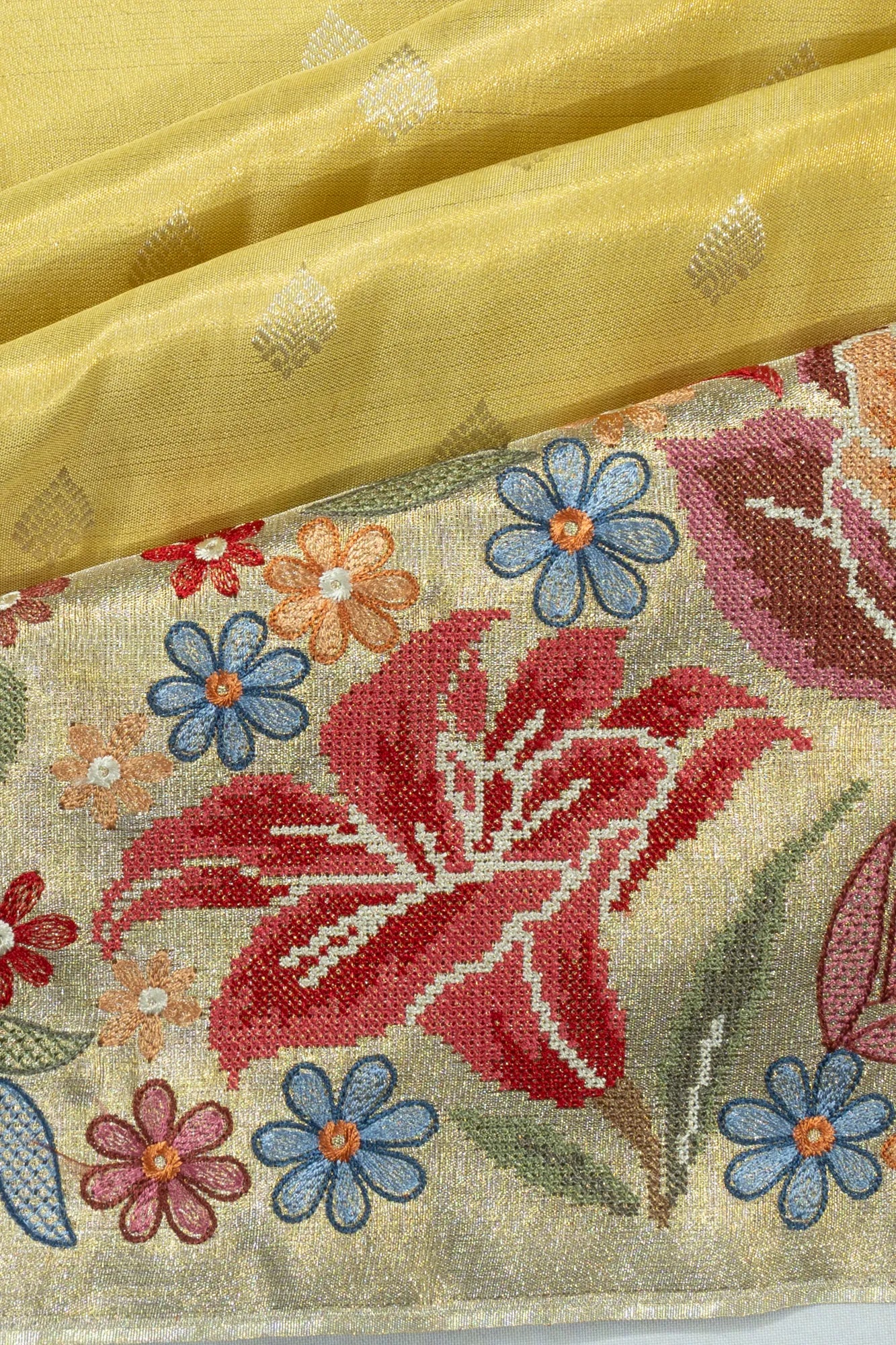 Kanchipuram Silk Tissue Butta Yellow Saree With Embroidery Border