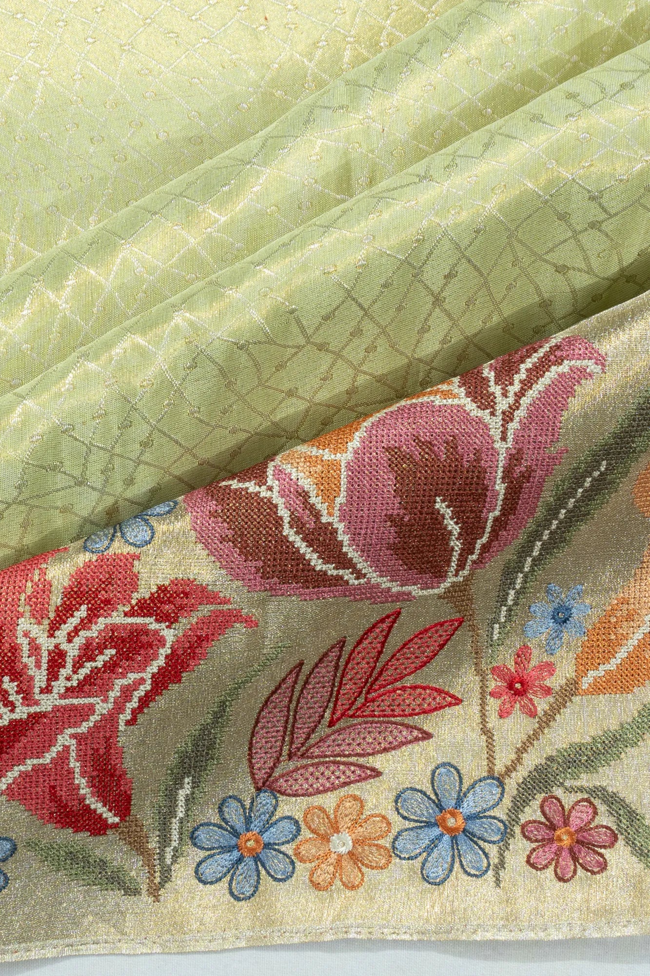 Kanchipuram Silk Tissue Geometrical Brocade Green Saree