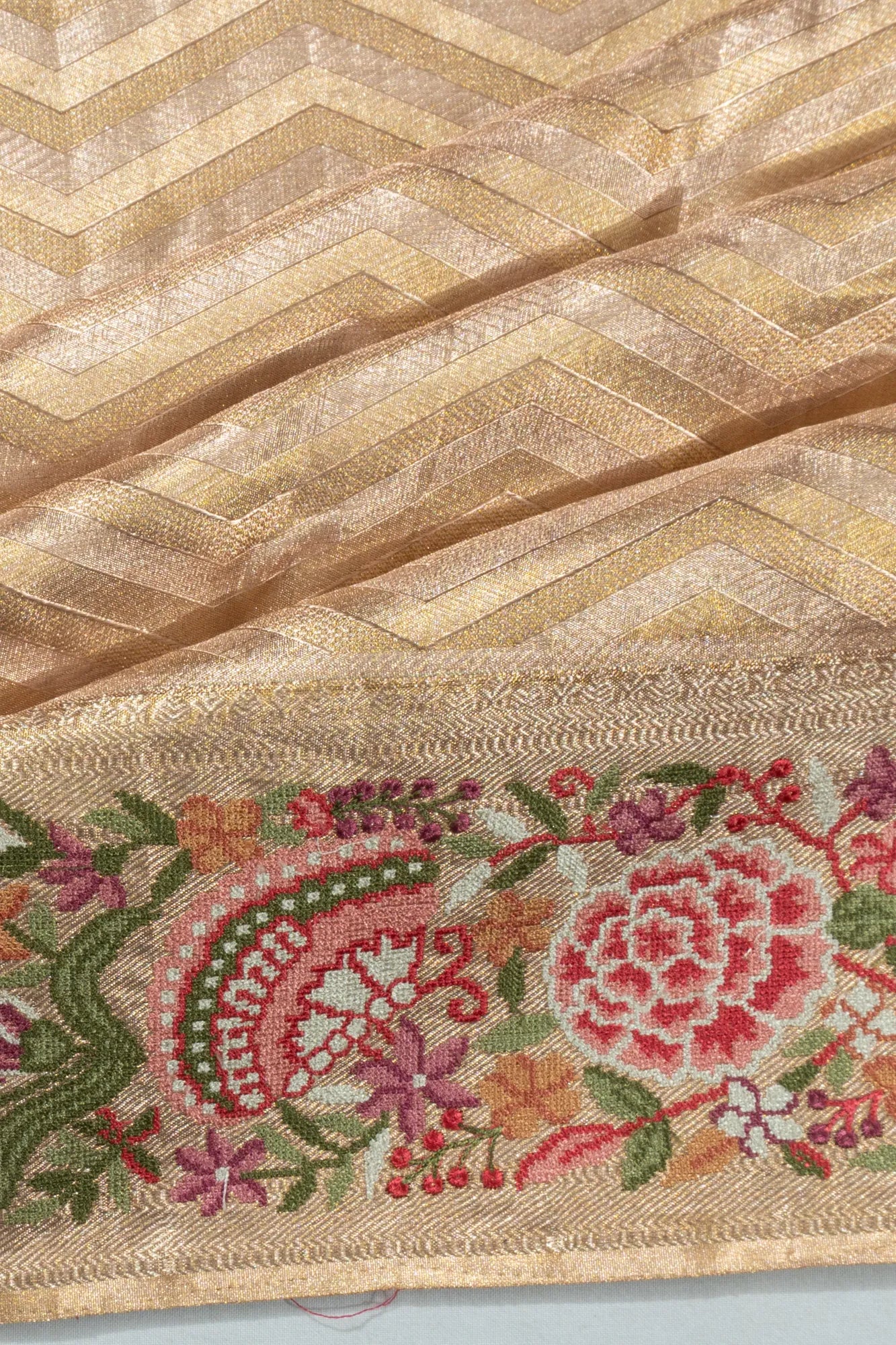 Kanchipuram Silk Tissue Zig Zag Lines Gold Saree With Embroidery Border