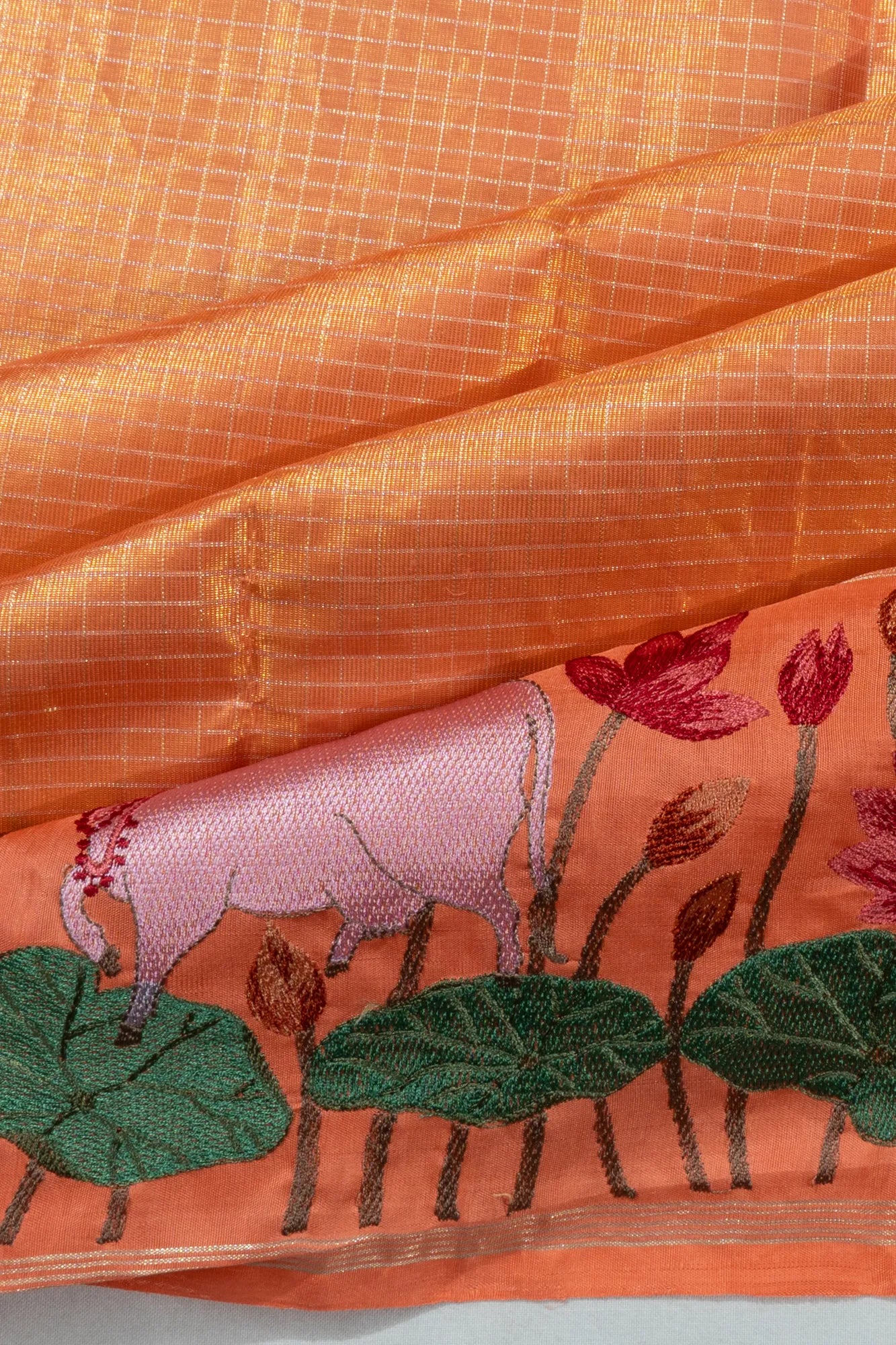 Kanchipuram Silk Tissue Checks Orange Saree With Pichwai Embroidery Border