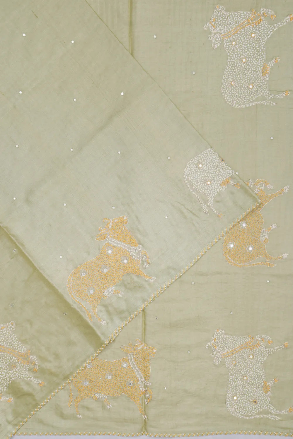 Tussar Mirror Butta Beige Saree With Pichwai Kantha Embroidery Border