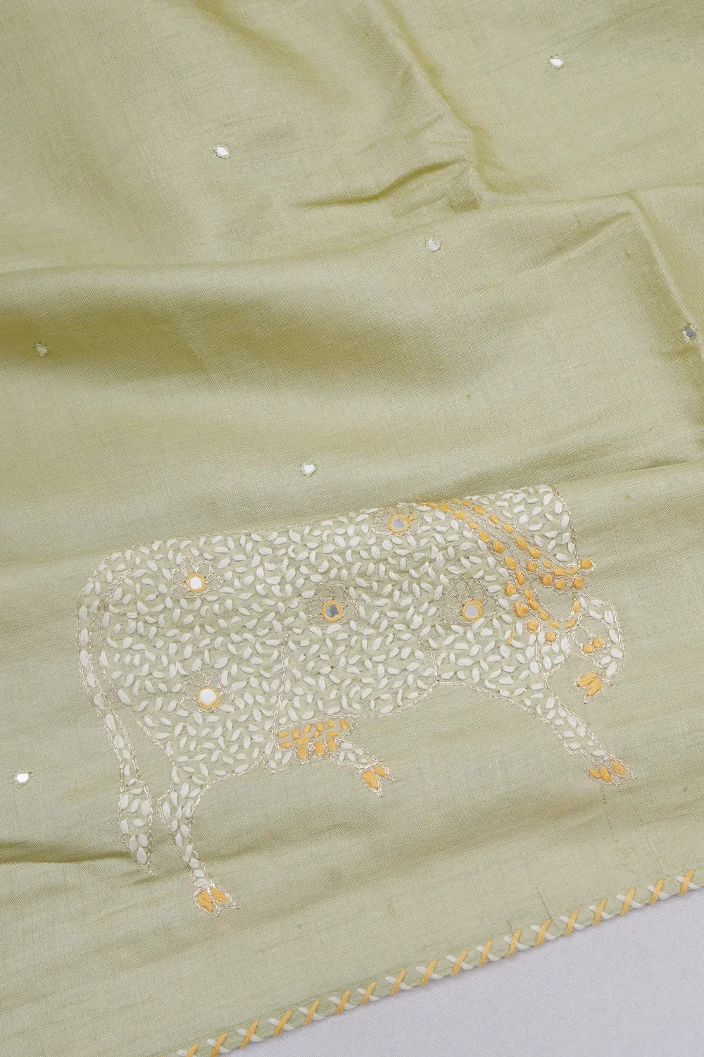 Tussar Mirror Butta Beige Saree With Pichwai Kantha Embroidery Border