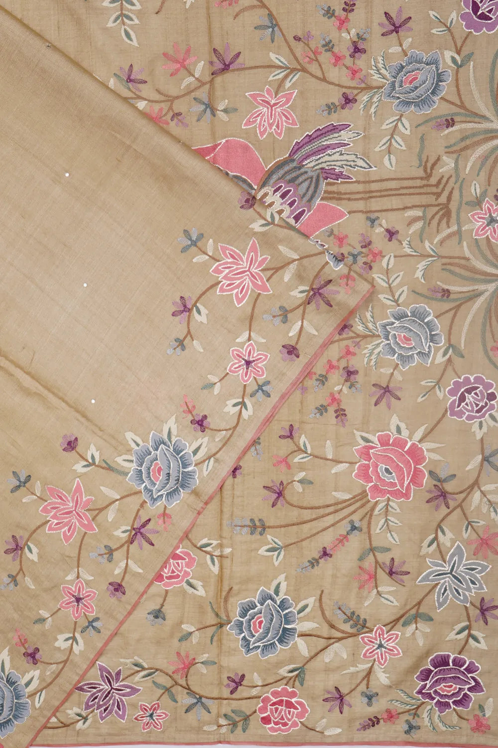 Tussar Mirror Butta Beige Saree With Embroidery Border