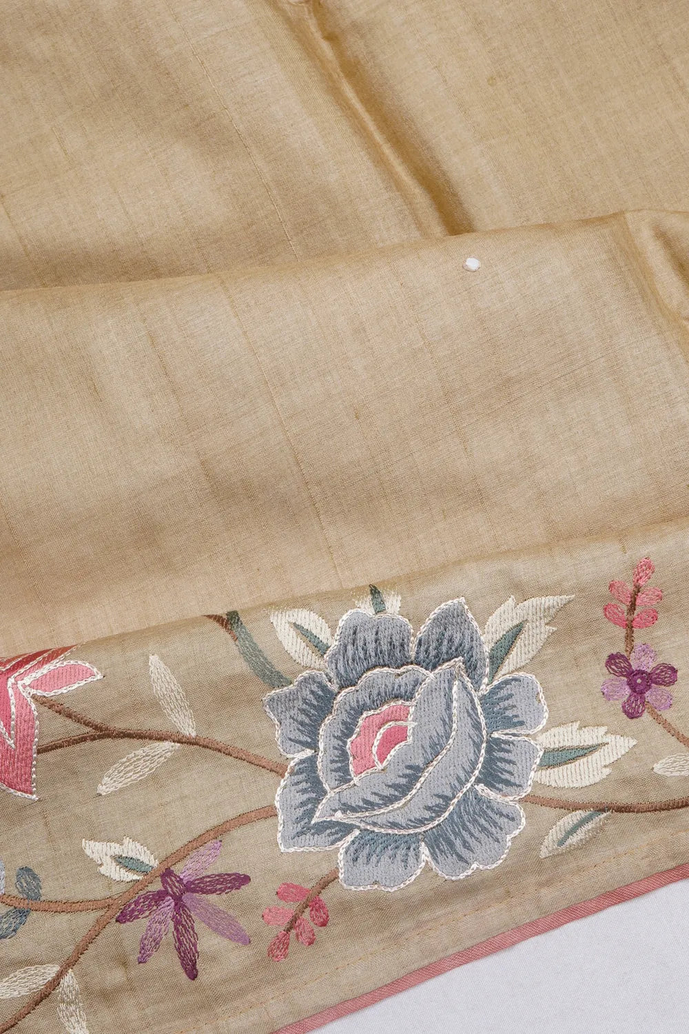 Tussar Mirror Butta Beige Saree With Embroidery Border