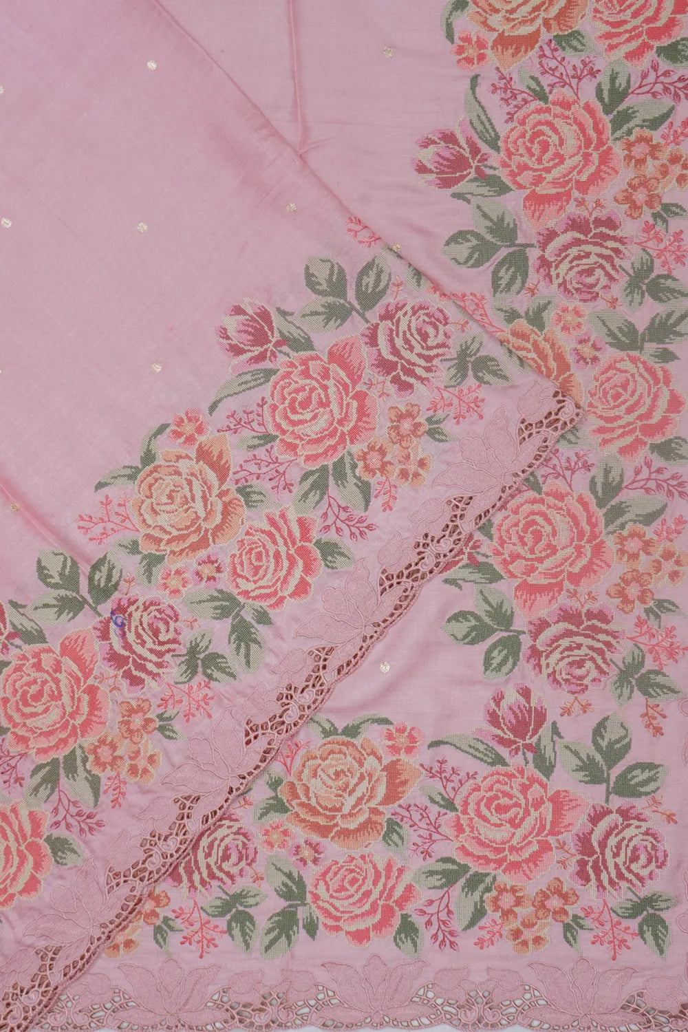 Tussar Mirror Butta Pink Saree With Embroidery And Cut Work Scallop Border