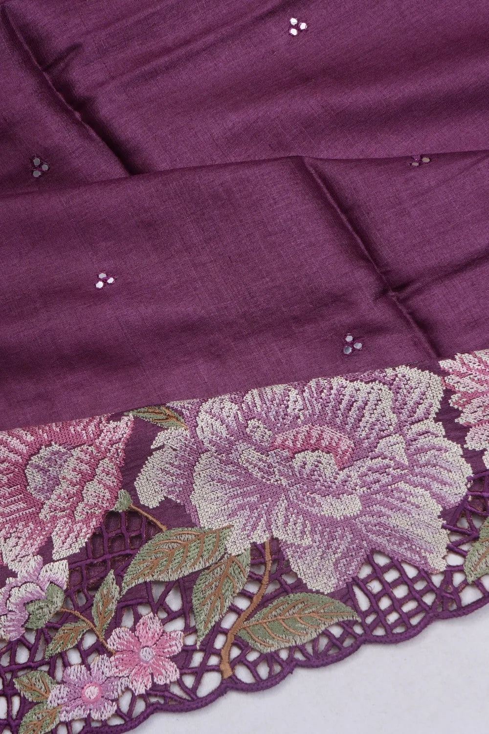 Tussar Mirror Butta Purple Saree With Embroidery And Cut Work Scallop Border