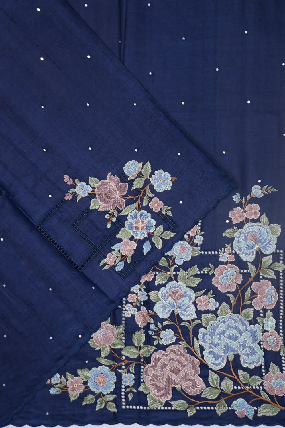 Tussar Mirror Butta Dark Blue Saree With Embroidery And Cut Work Border