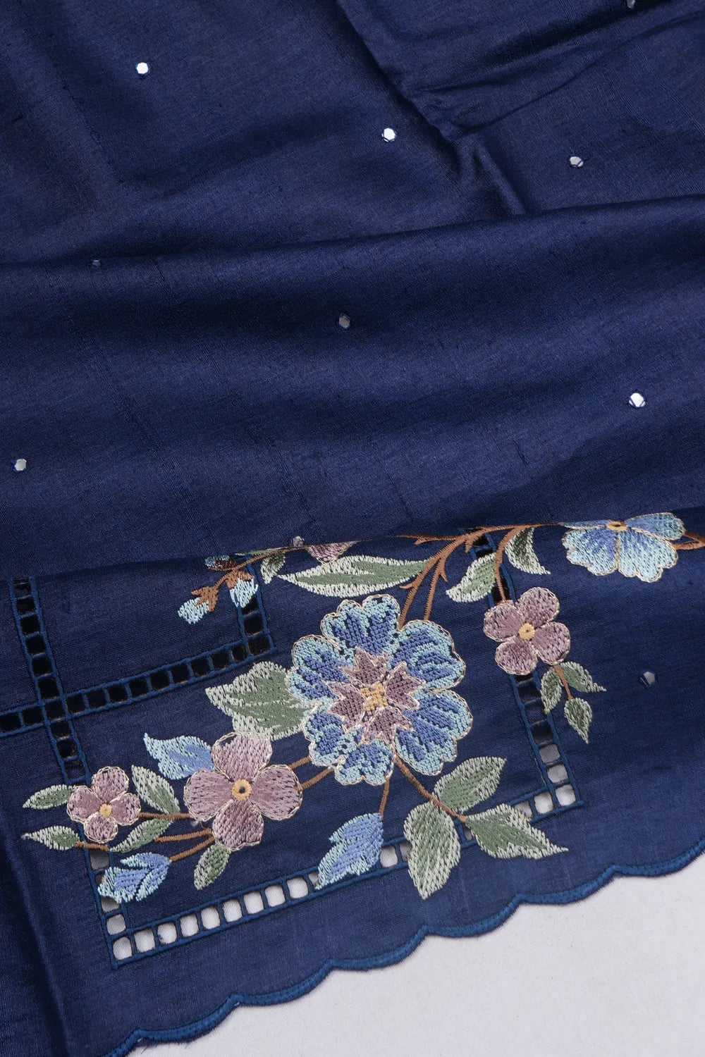 Tussar Mirror Butta Dark Blue Saree With Embroidery And Cut Work Border