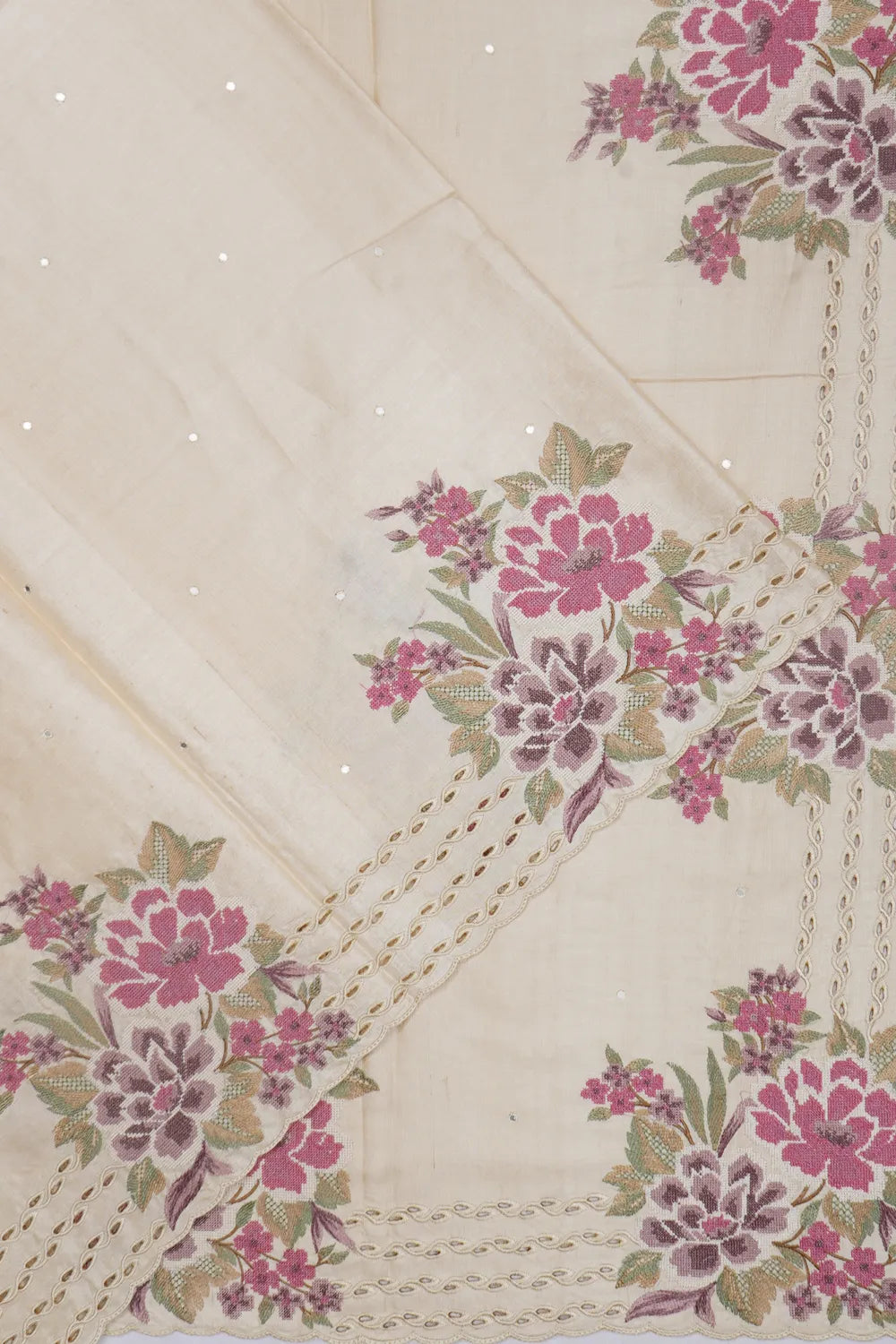 Tussar Mirror Butta Cream Saree With Embroidery And Cut Work Border