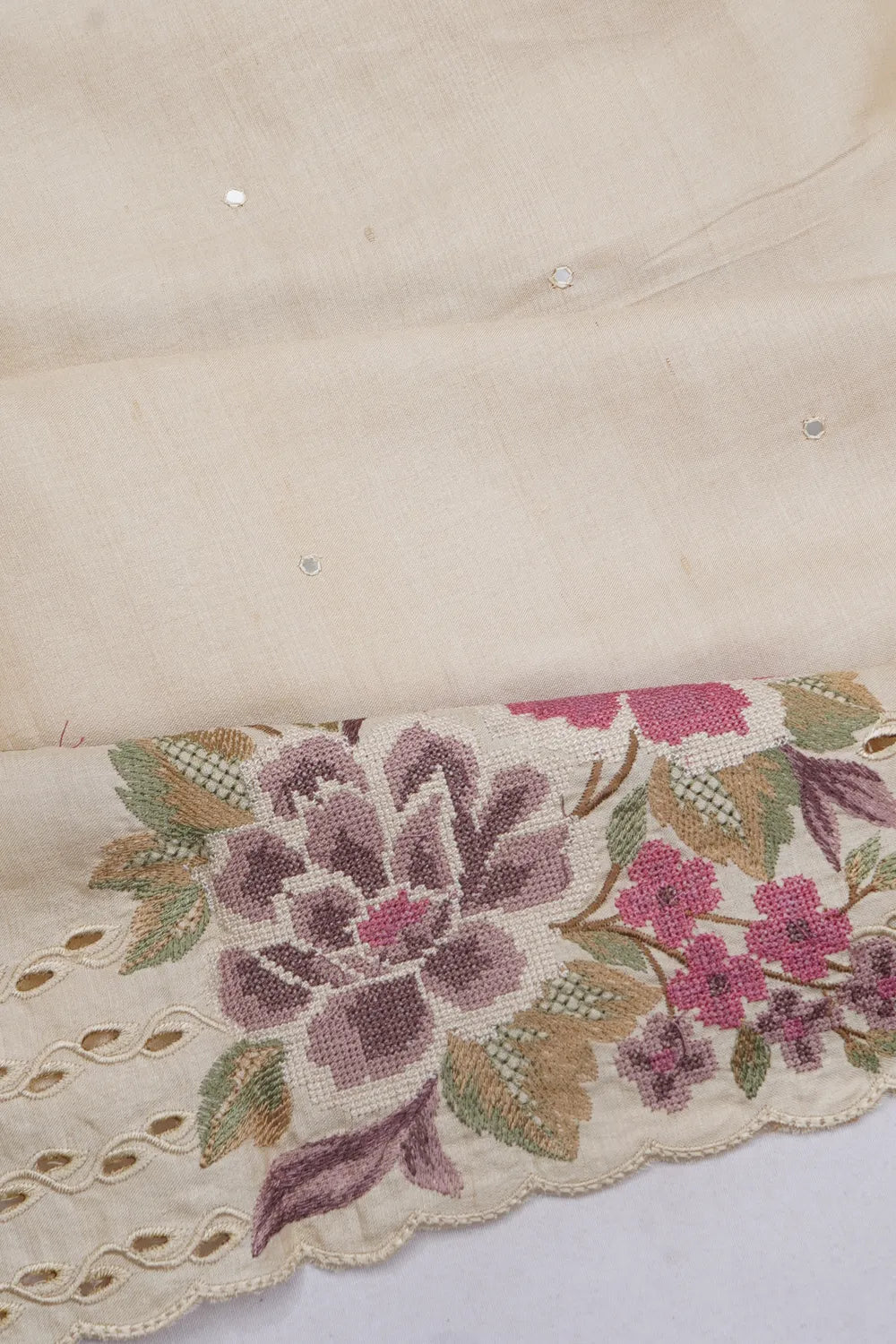 Tussar Mirror Butta Cream Saree With Embroidery And Cut Work Border