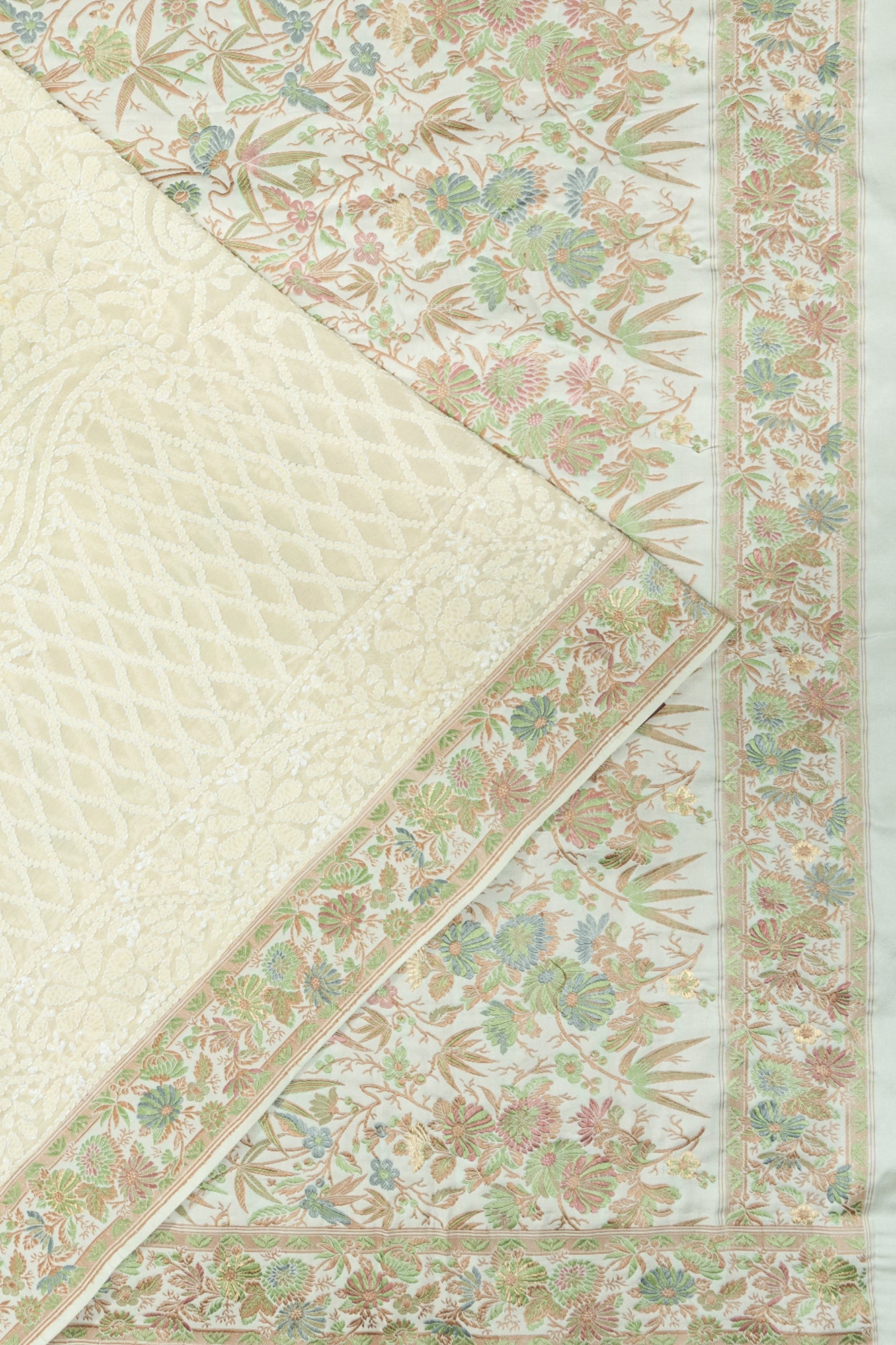 Banarasi X Chikankari Georgette All Over Embroidery Off White Saree