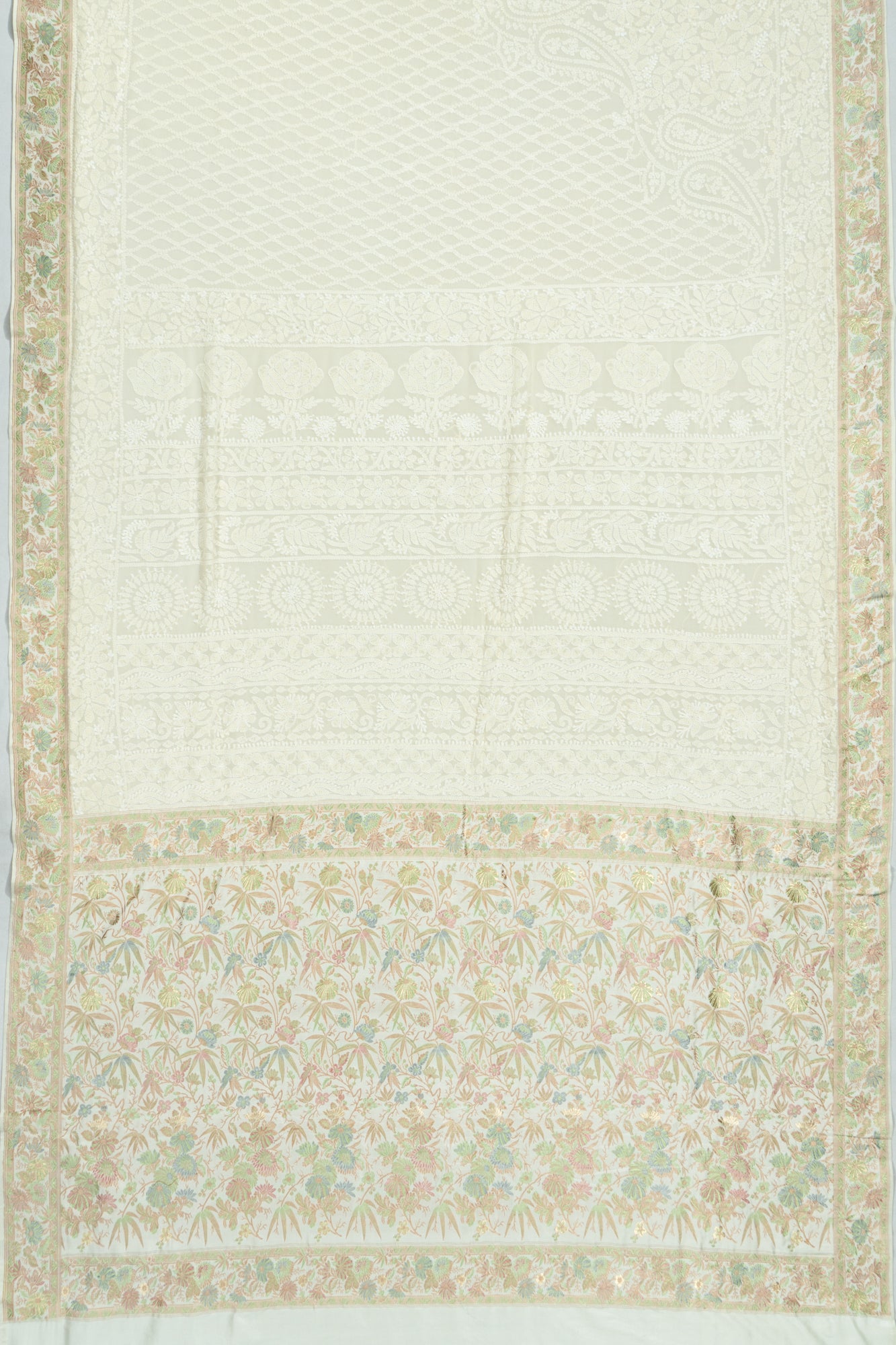 Banarasi X Chikankari Georgette All Over Embroidery Off White Saree