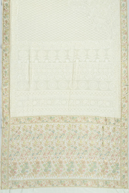 Banarasi X Chikankari Georgette All Over Embroidery Off White Saree