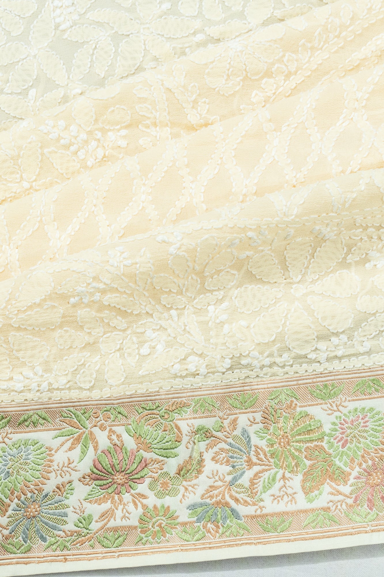 Banarasi X Chikankari Georgette All Over Embroidery Off White Saree