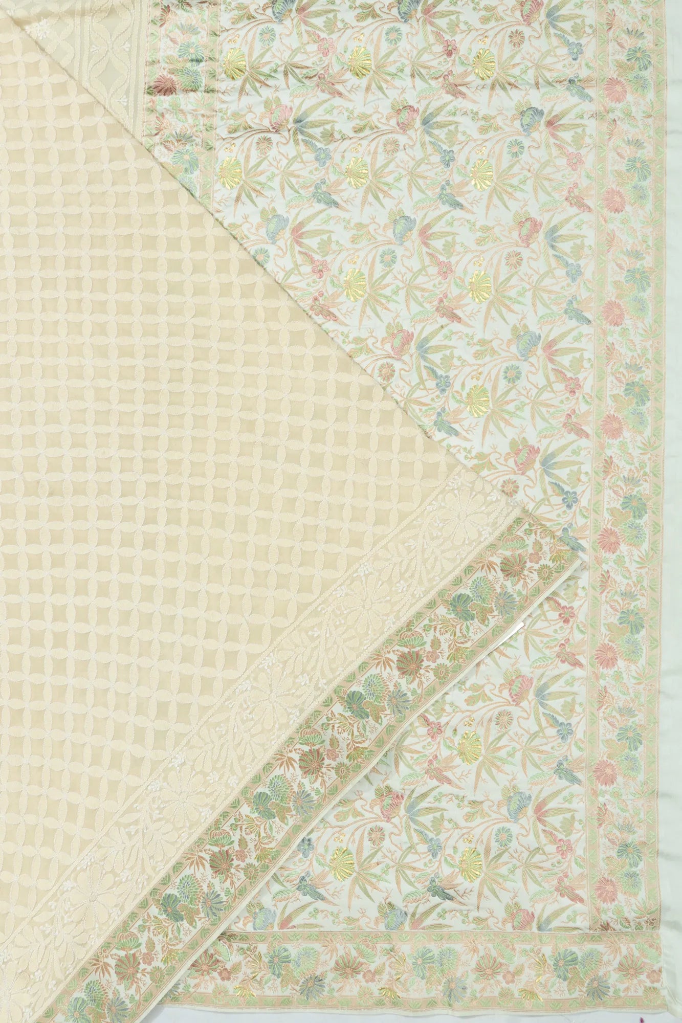 Banarasi X Chikankari Georgette All Over Embroidery Off White Saree