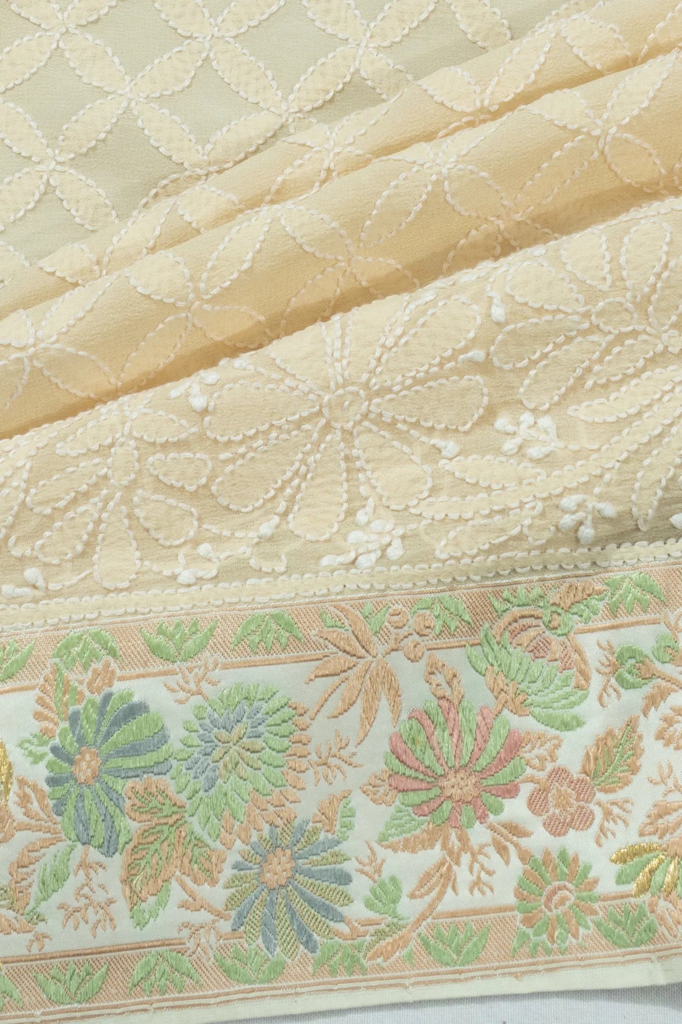 Banarasi X Chikankari Georgette All Over Embroidery Off White Saree