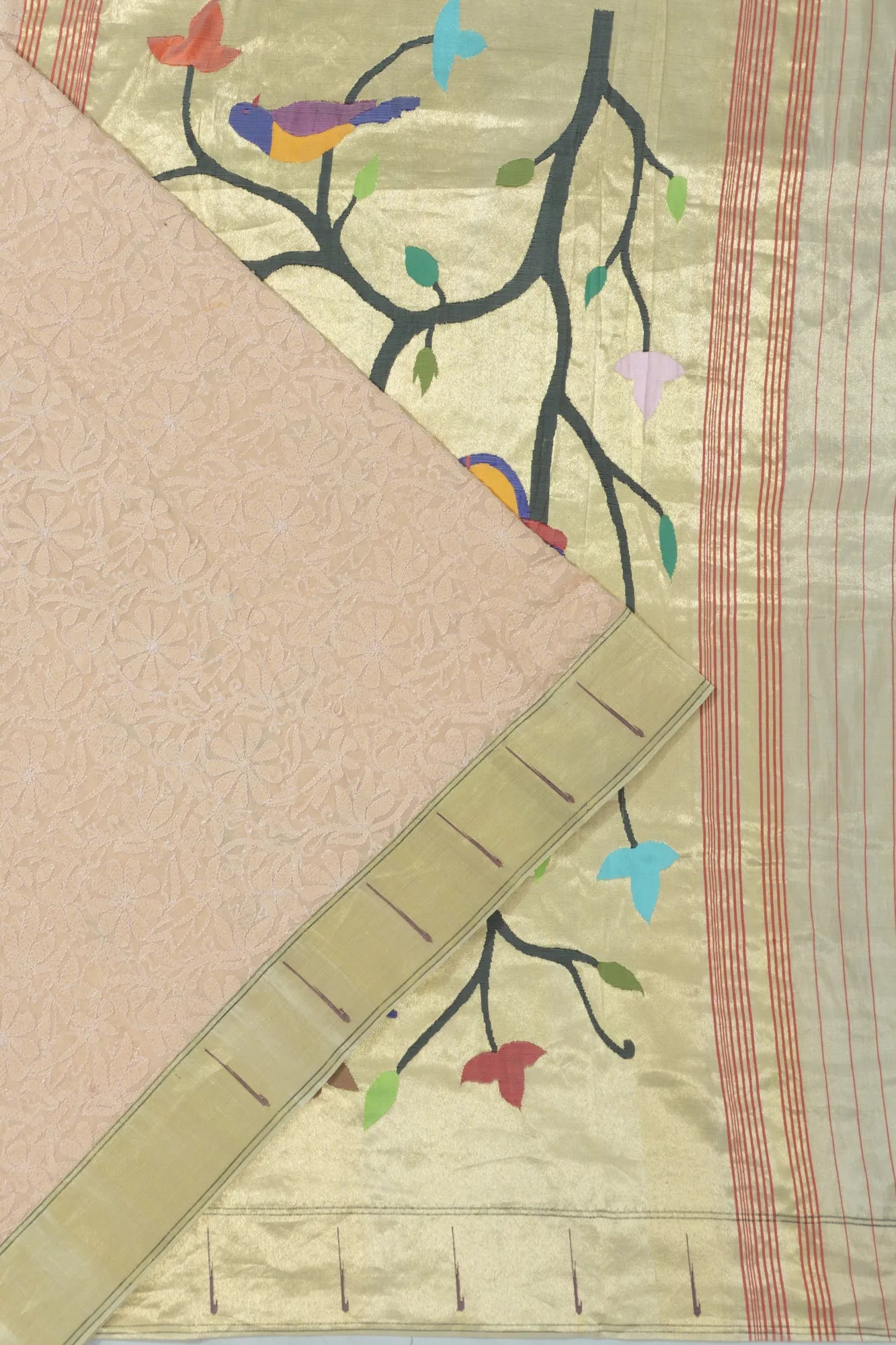 Paithani X Chikankari Georgette All Over Embroidery Peach Saree With Single Muniya Border