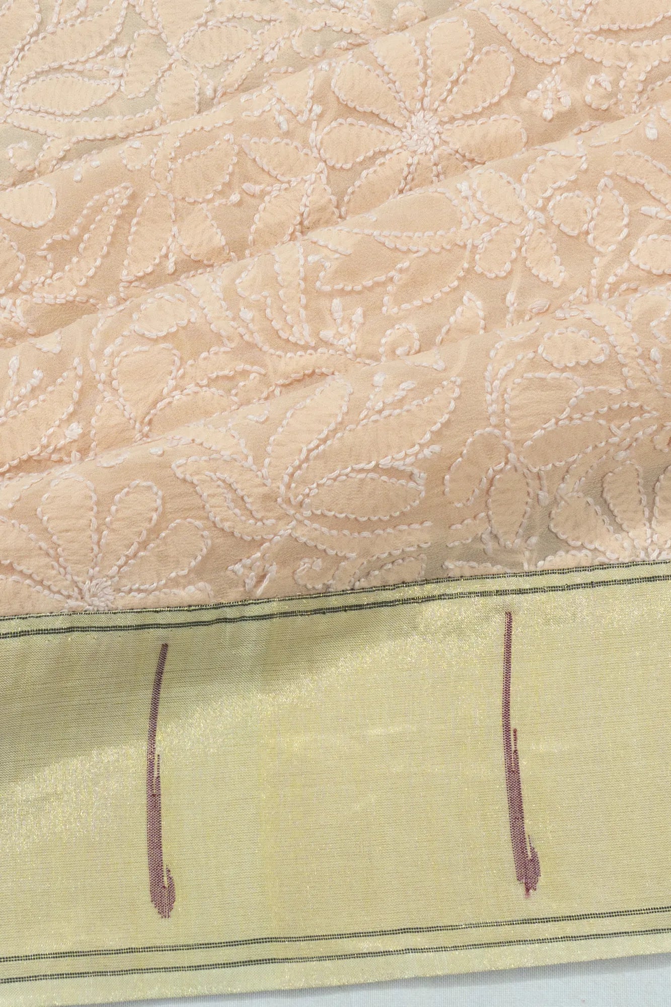 Paithani X Chikankari Georgette All Over Embroidery Peach Saree With Single Muniya Border