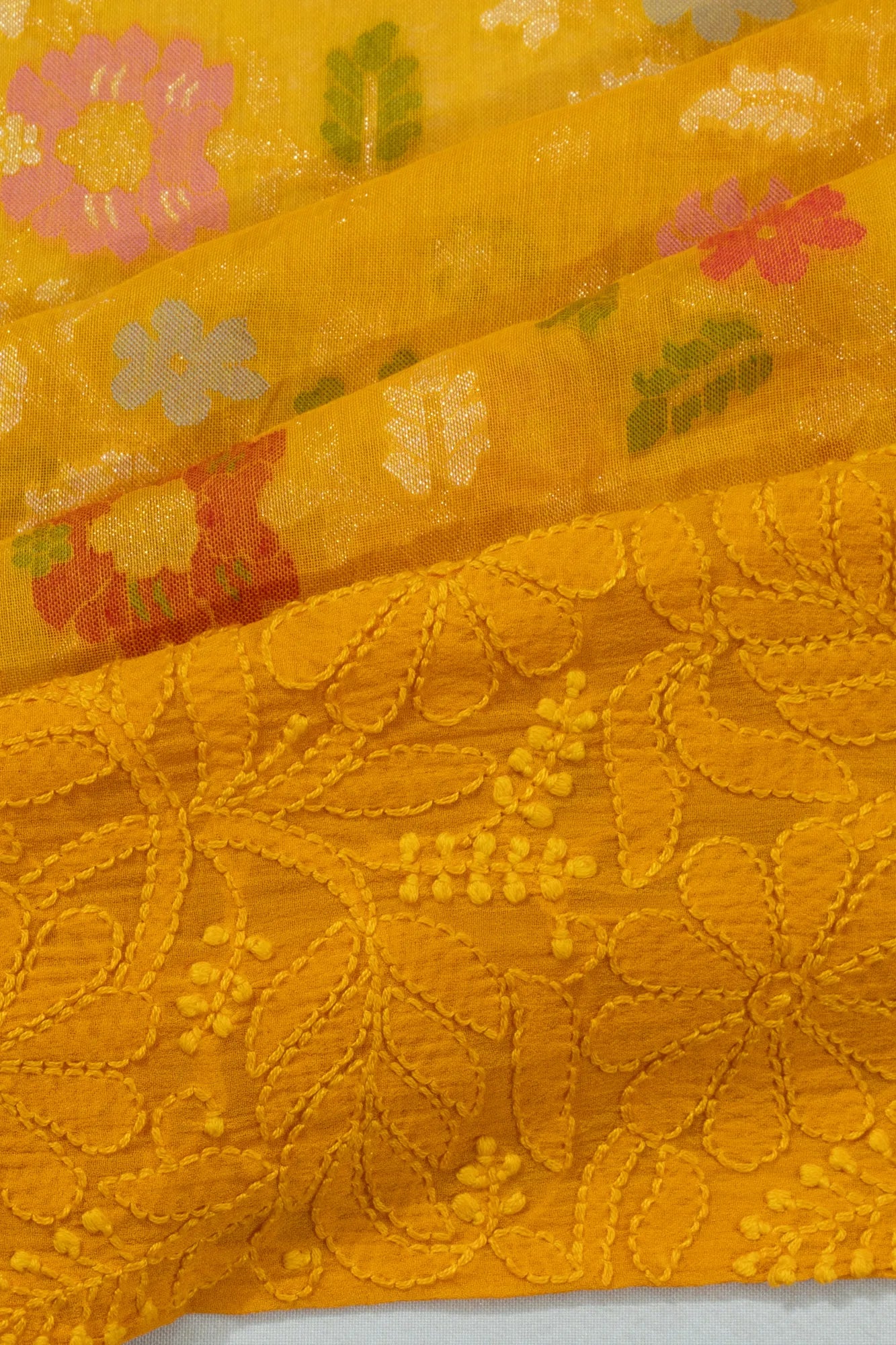 Banarasi Cotton X Chikankari Brocade Yellow Saree