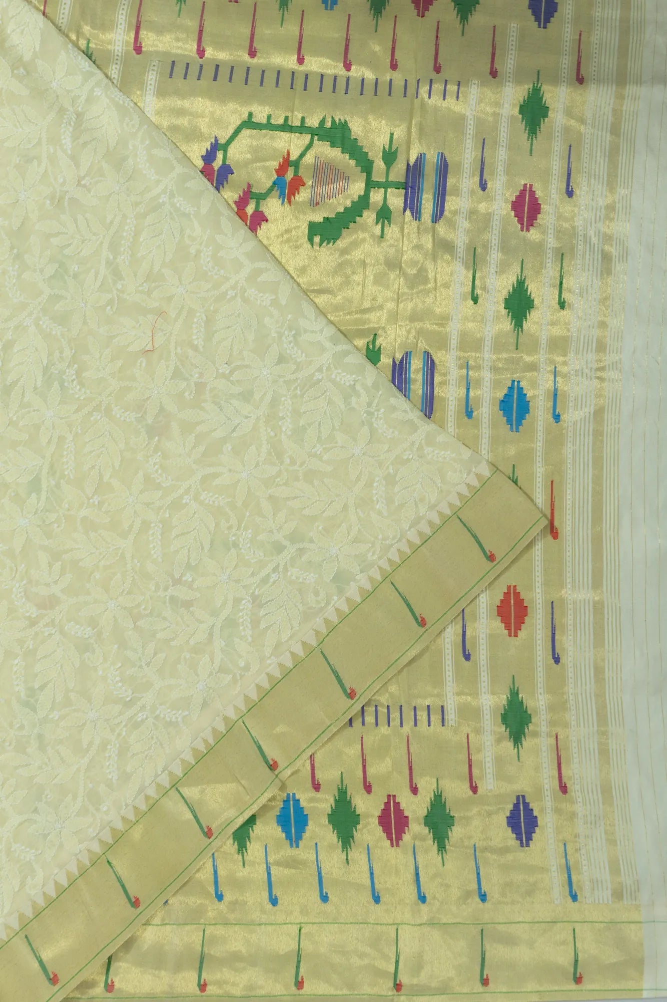 Paithani X Chikankari Georgette Embroidery Cream Saree