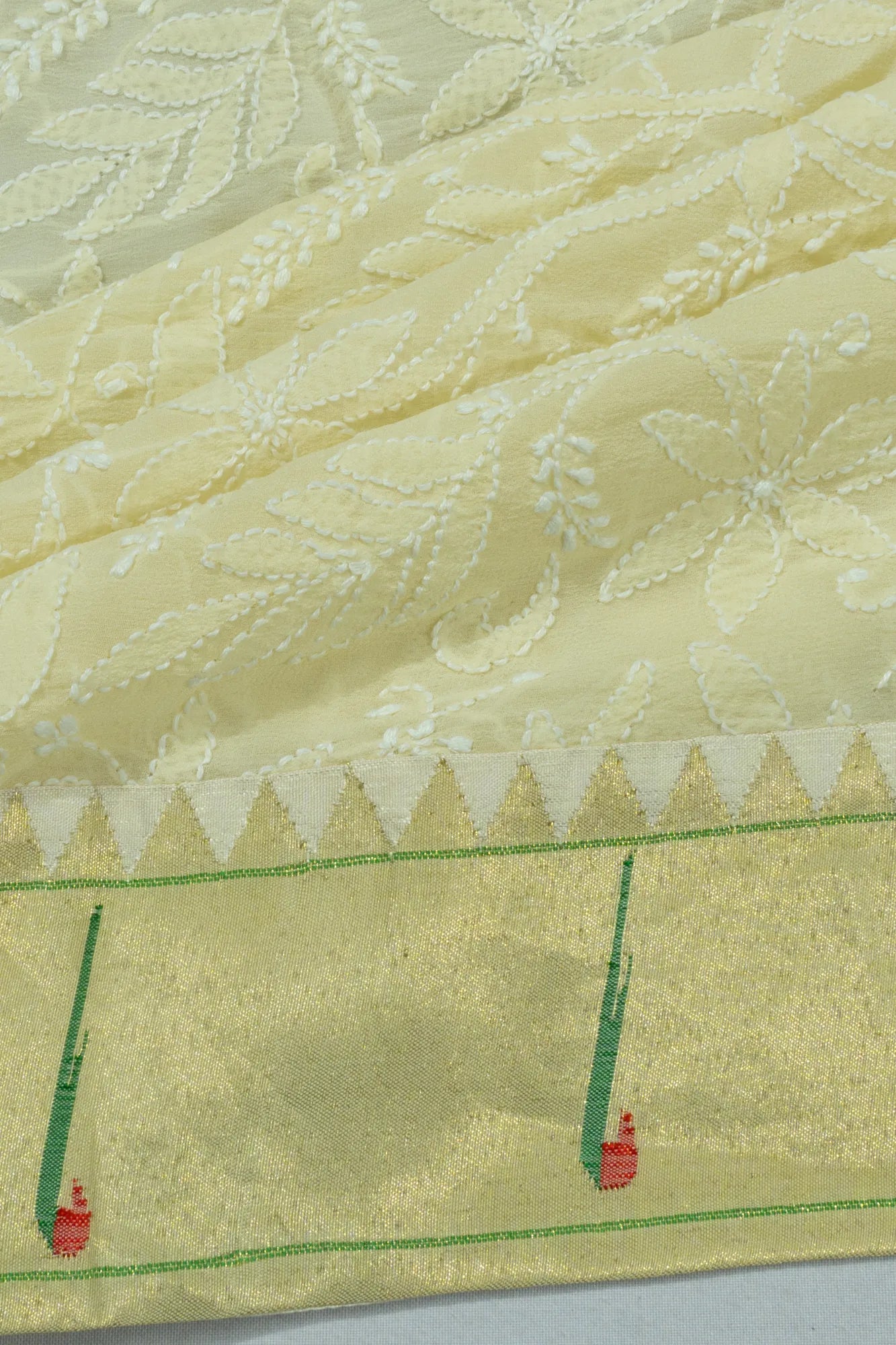 Paithani X Chikankari Georgette Embroidery Cream Saree