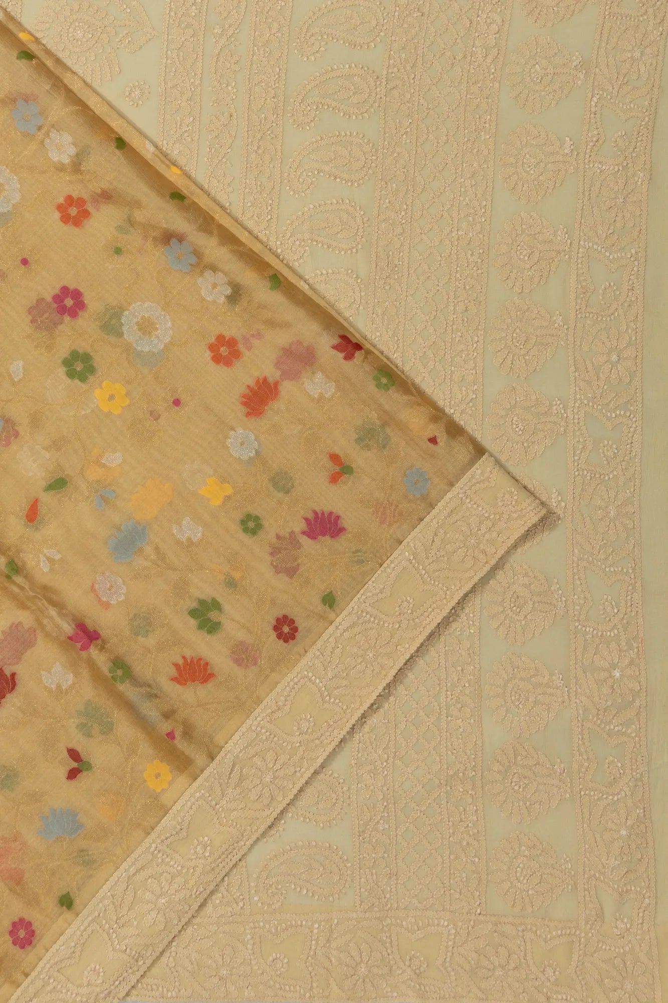 Banarasi Cotton X Chikankari Jamdani Cream Saree