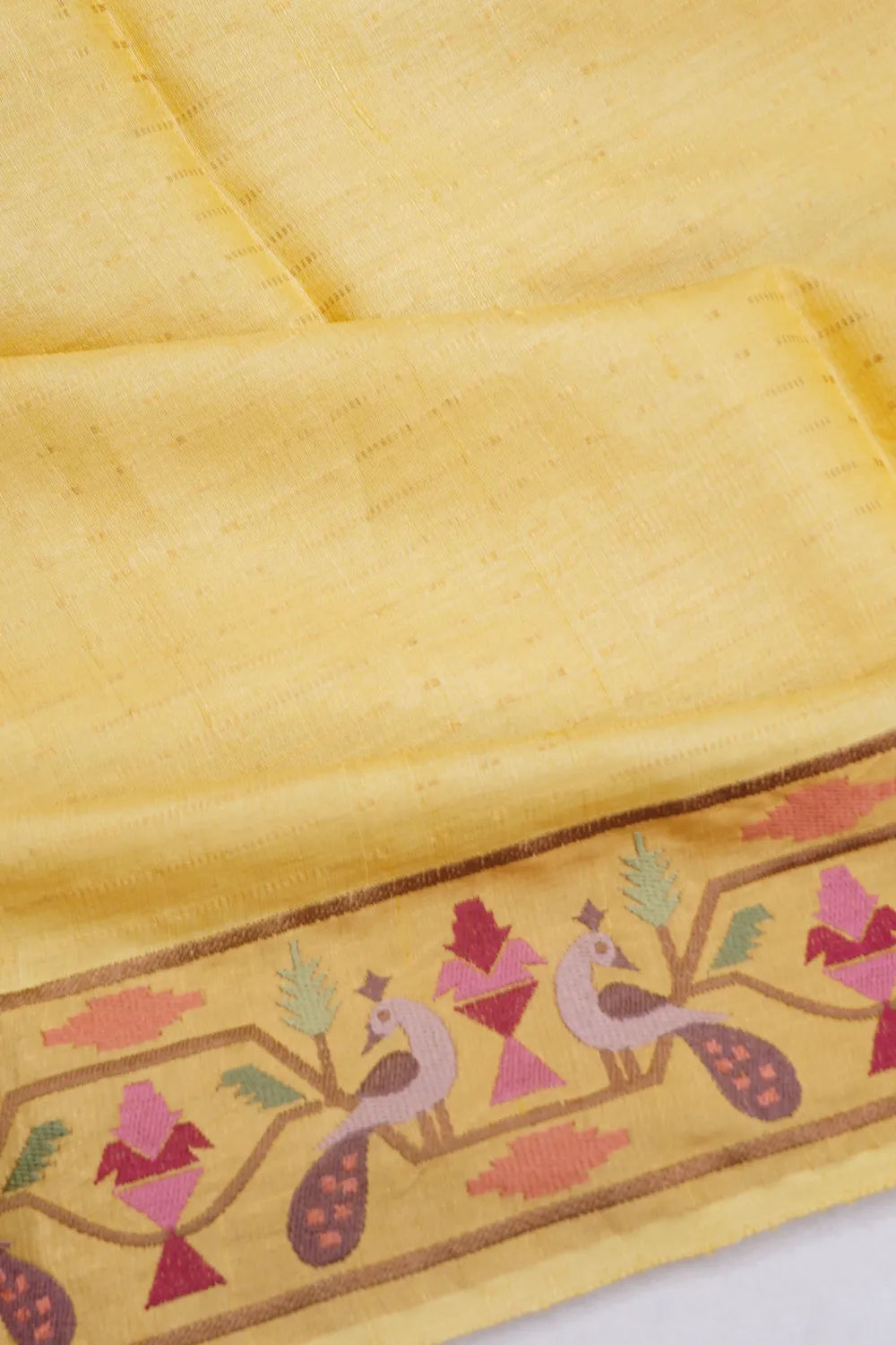 Tussar Horizontal Lines Lemon Yellow Saree With Embroidery Border