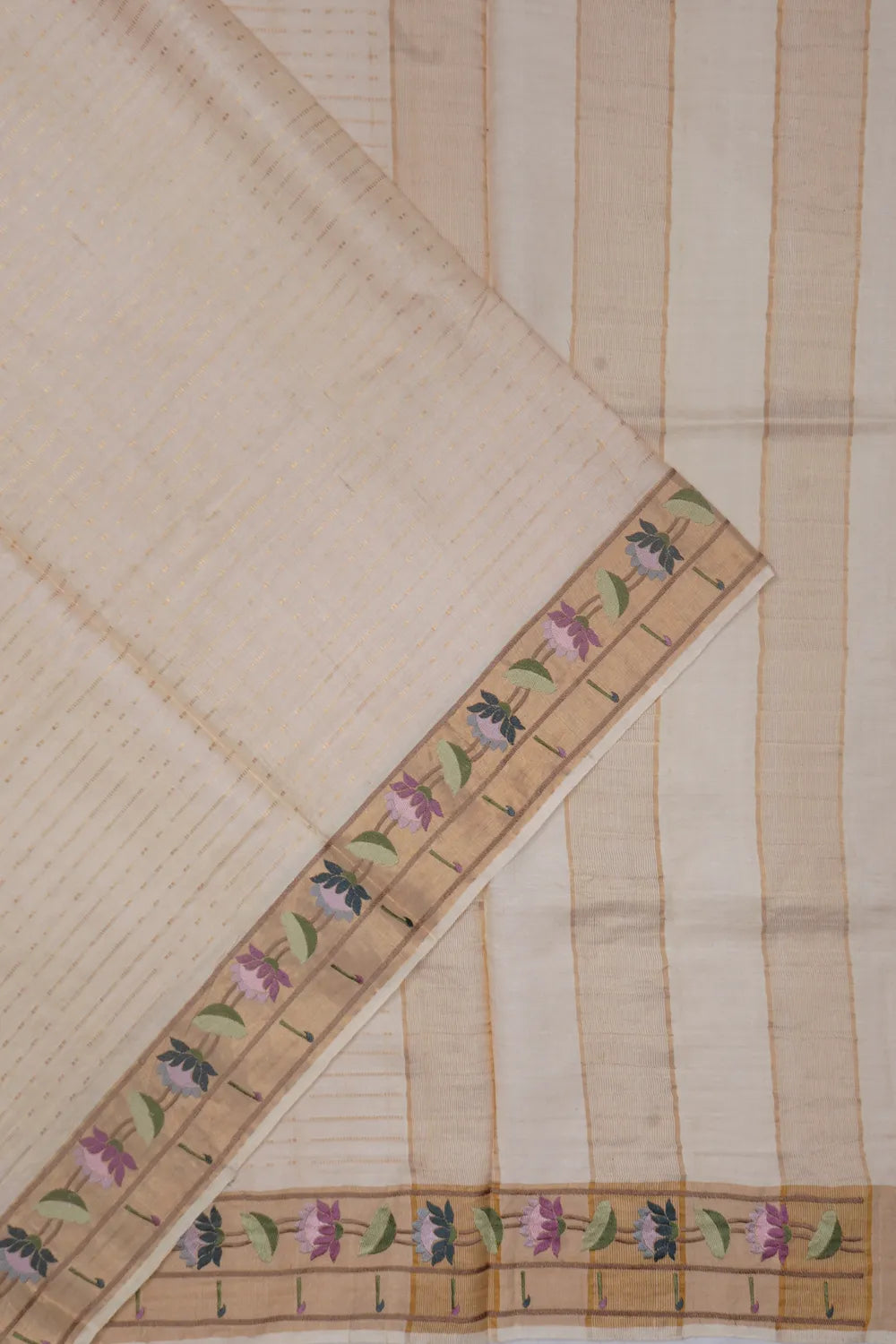 Tussar Horizontal Lines Cream Saree With Embroidery Border