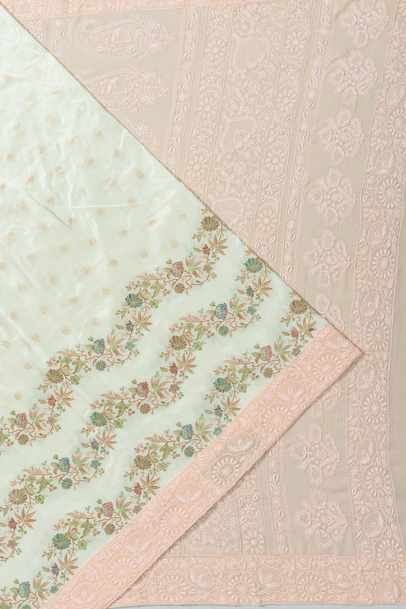 Banarasi Satin X Chikankari Butta Pastel Green Saree