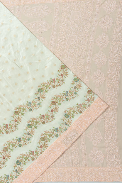 Banarasi Satin X Chikankari Butta Pastel Green Saree