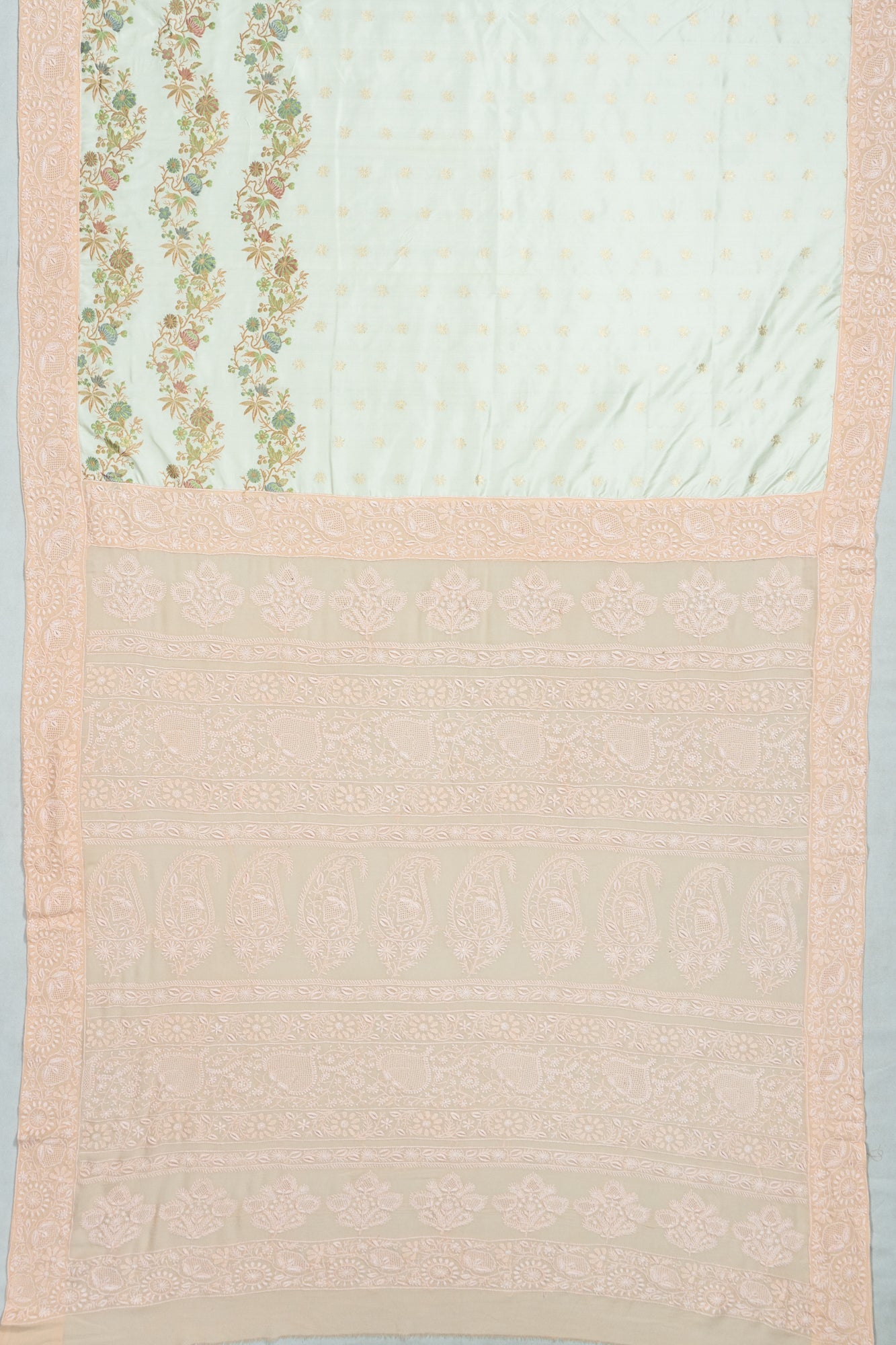 Banarasi Satin X Chikankari Butta Pastel Green Saree
