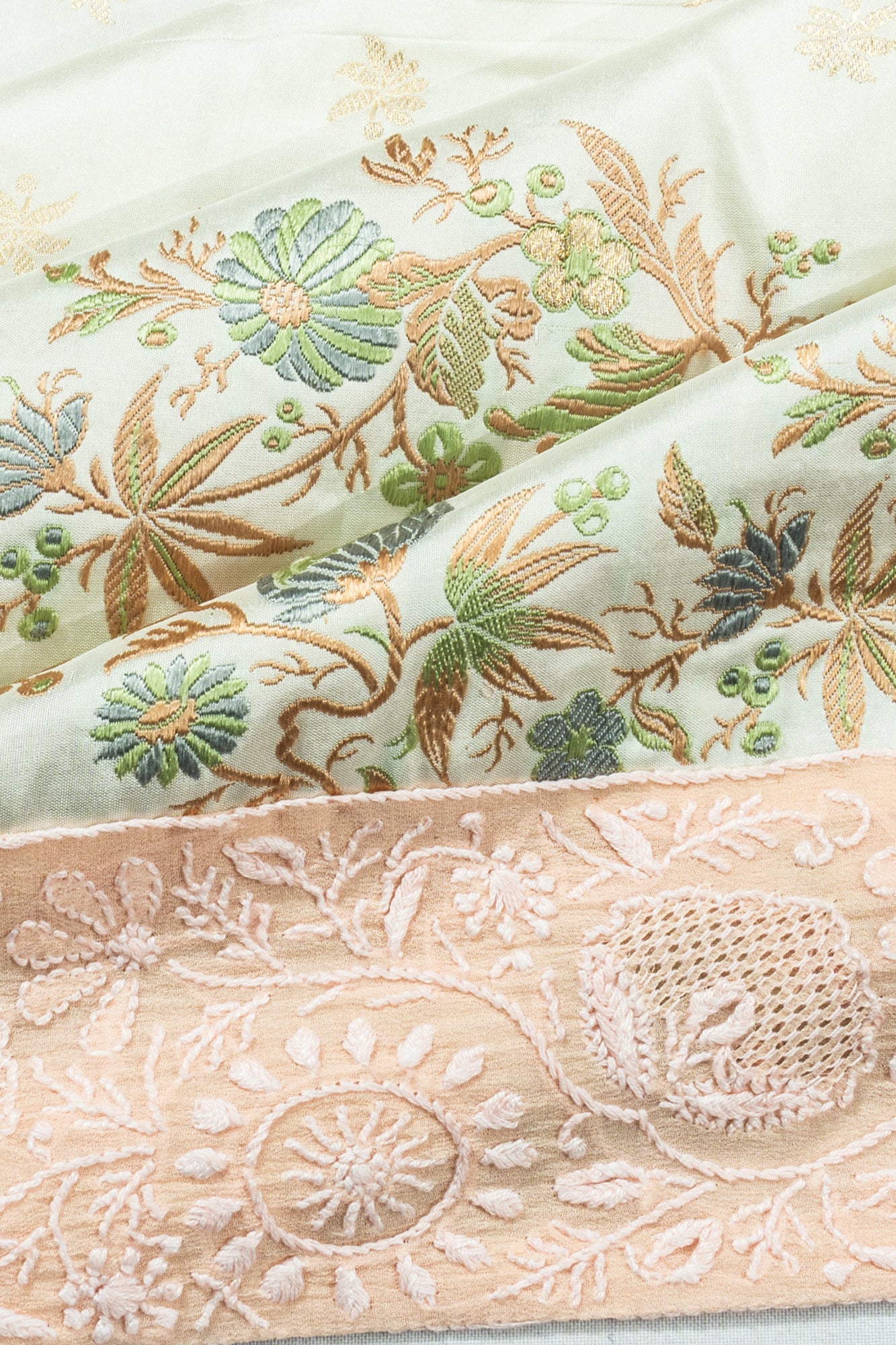 Banarasi Satin X Chikankari Butta Pastel Green Saree