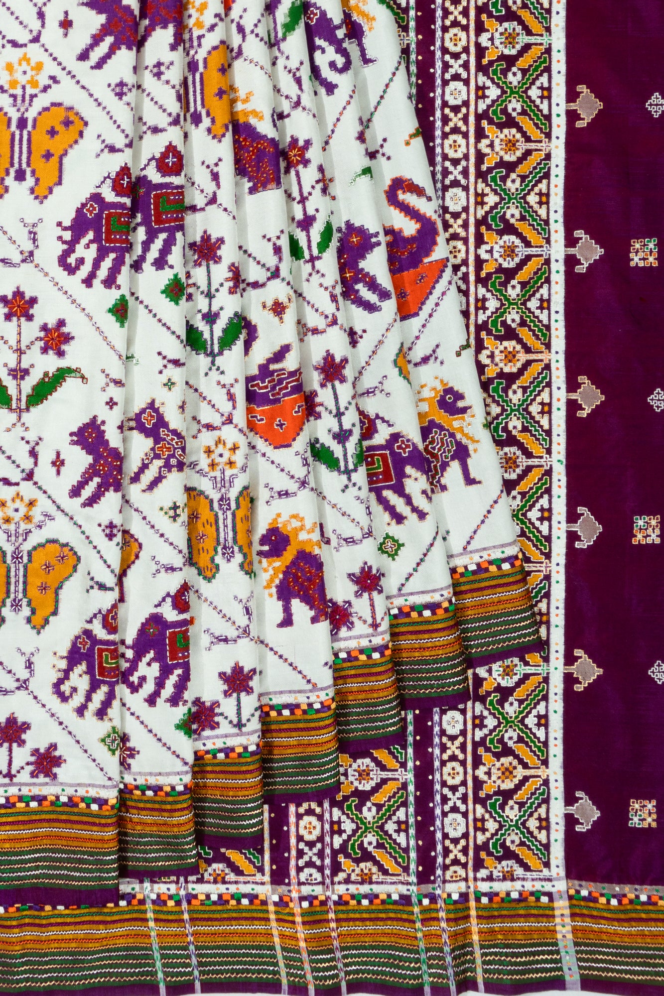 Patan Patola Silk Double Ikat White 9 Figure White Saree With Kantha Hand Embroidery