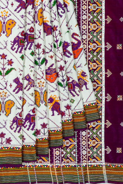 Patan Patola Silk Double Ikat White 9 Figure White Saree With Kantha Hand Embroidery