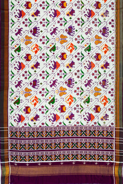 Patan Patola Silk Double Ikat White 9 Figure White Saree With Kantha Hand Embroidery