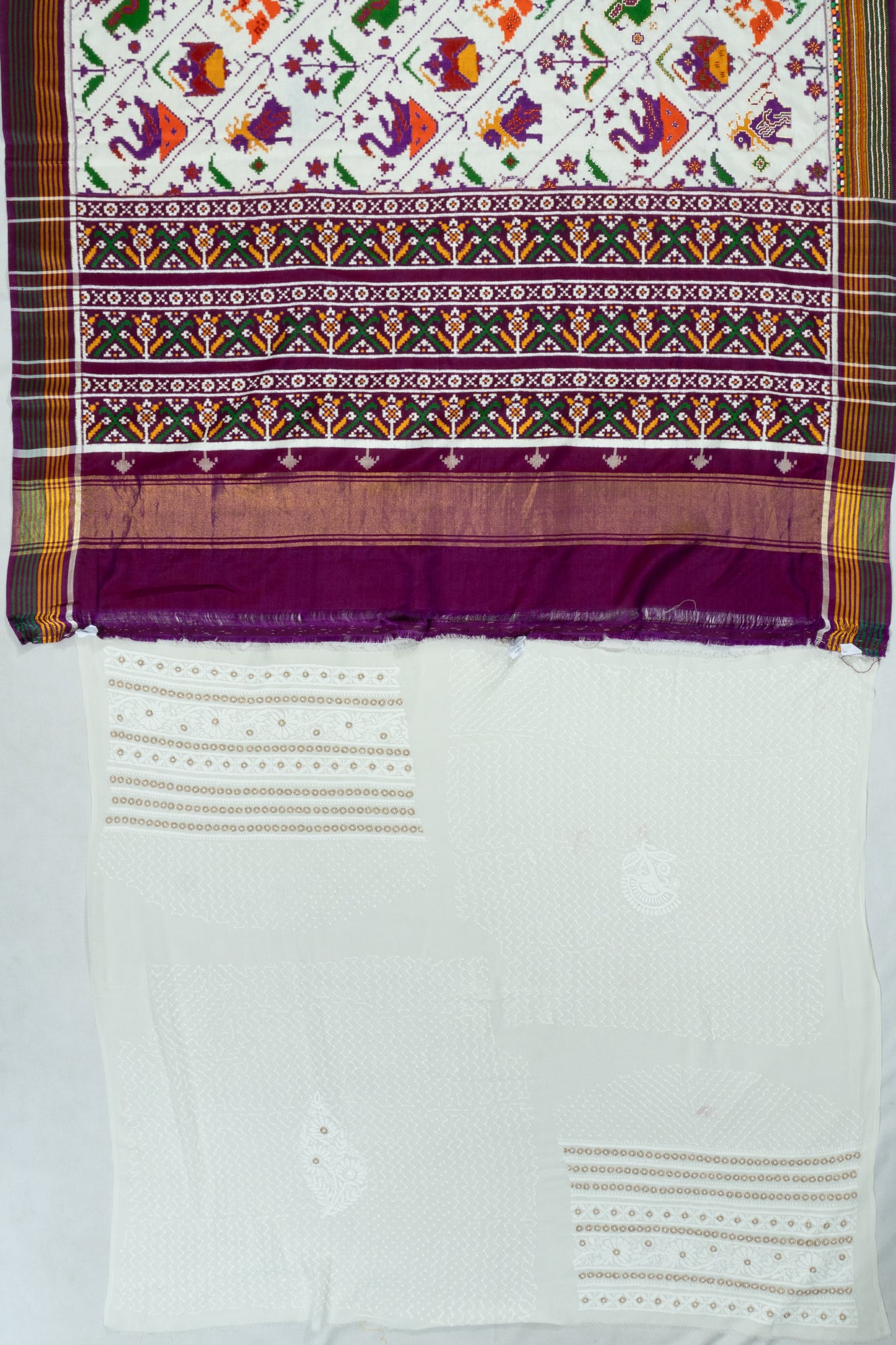 Patan Patola Silk Double Ikat White 9 Figure White Saree With Kantha Hand Embroidery