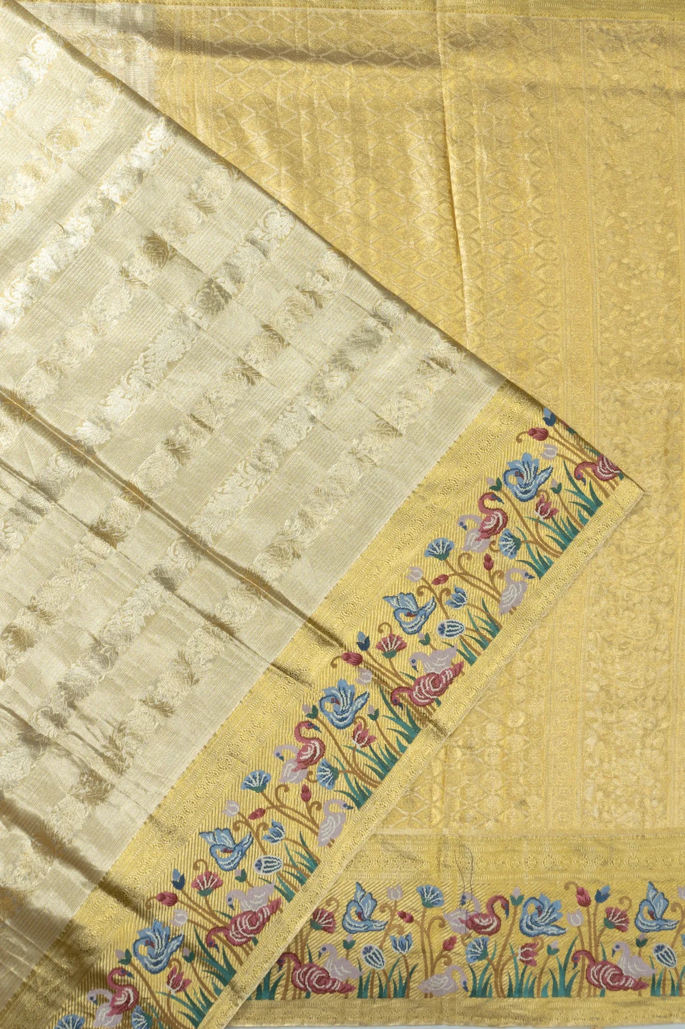 Kanchipuram Silk Tissue Brocade Silver Saree With Embroidery Border