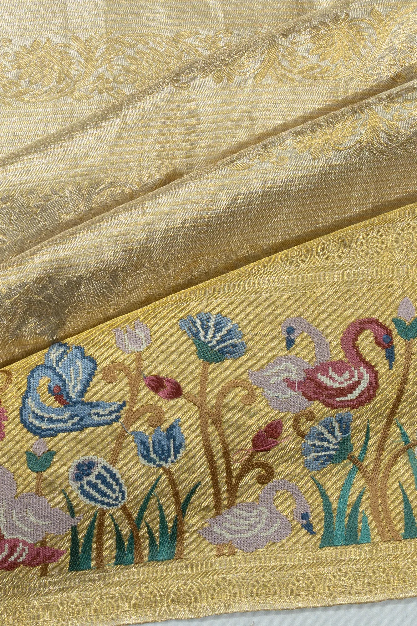 Kanchipuram Silk Tissue Brocade Silver Saree With Embroidery Border