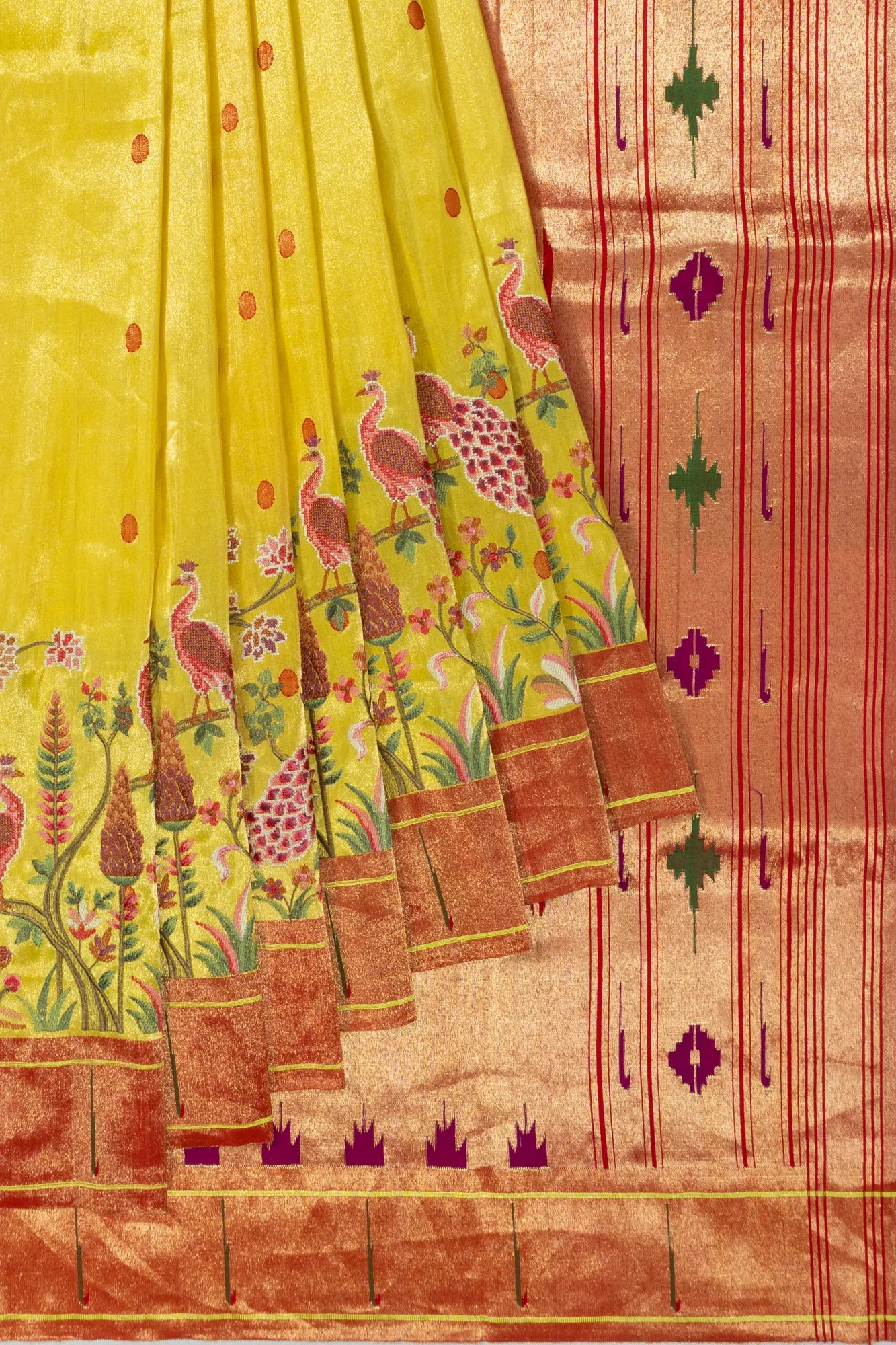 Paithani Silk Tissue Butta Yellow Saree With Embroidery