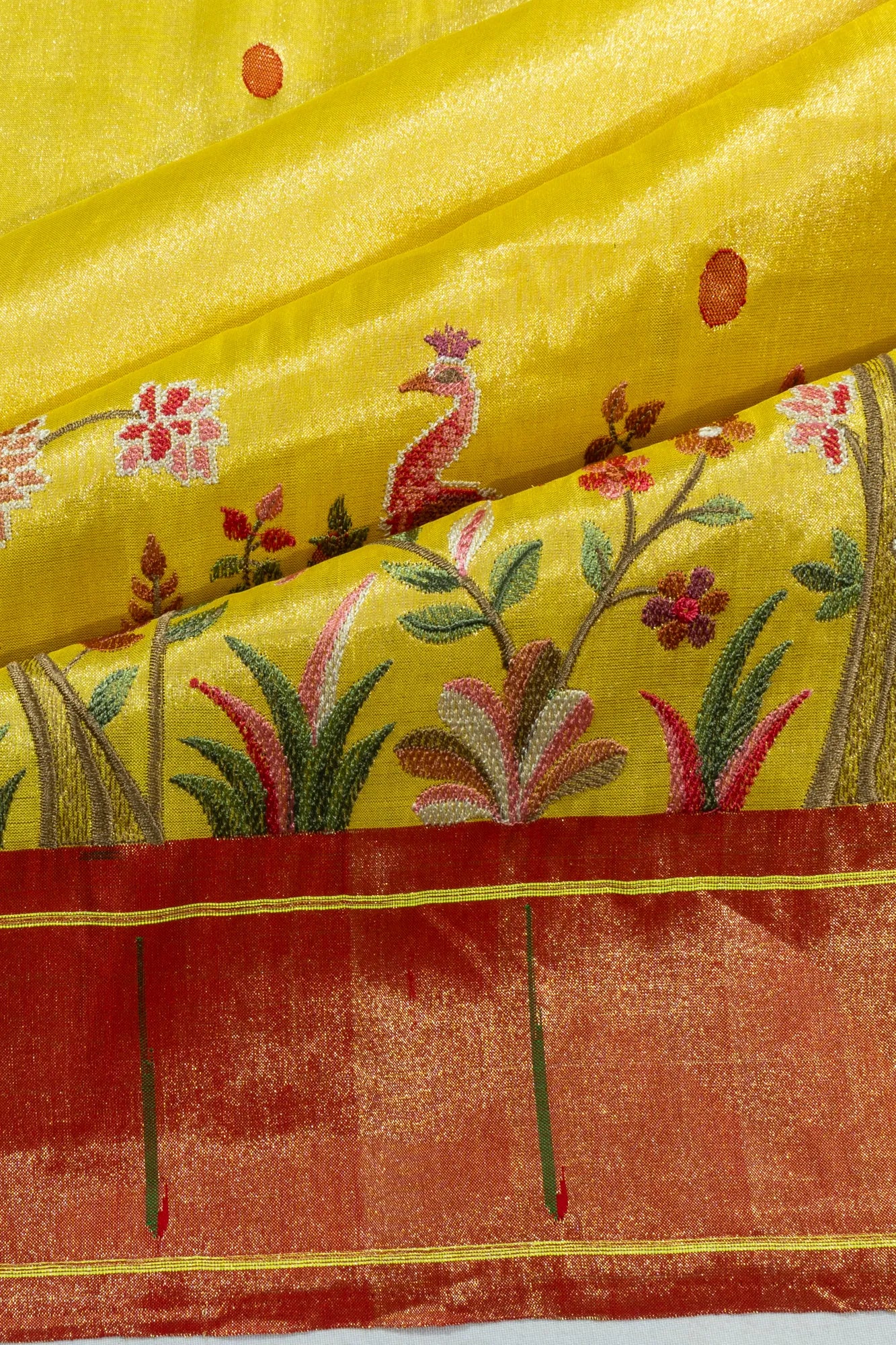 Paithani Silk Tissue Butta Yellow Saree With Embroidery