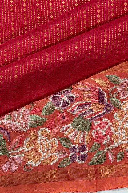 Kanchipuram Silk Brocade Pink Saree With Embroidery Border