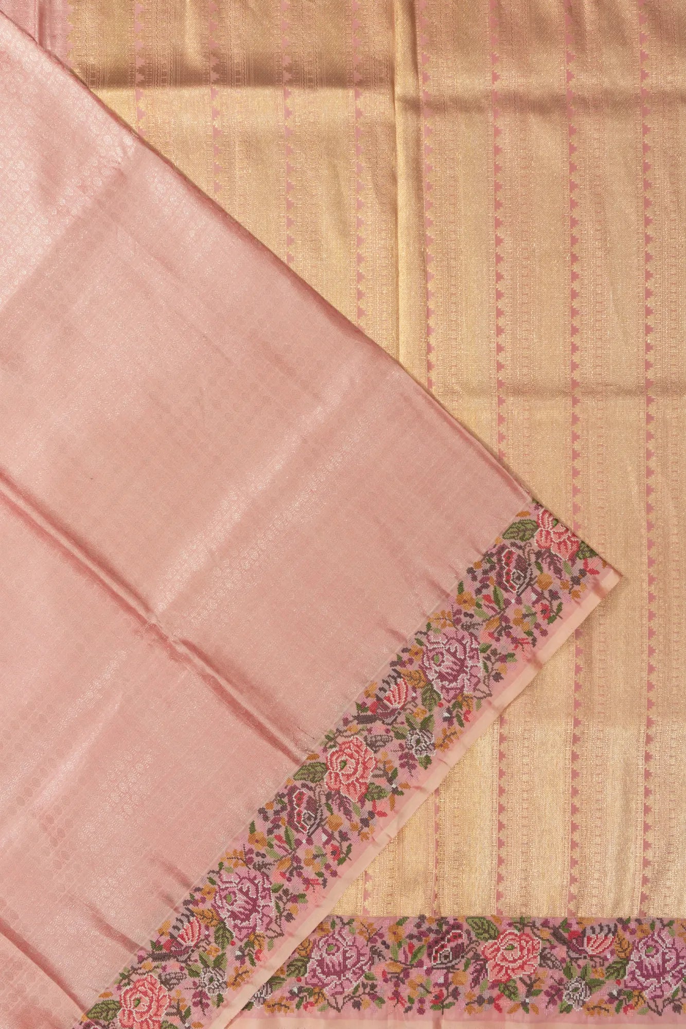 Kanchipuram Silk Checks And Butta Baby Pink Saree With Embroidery Border
